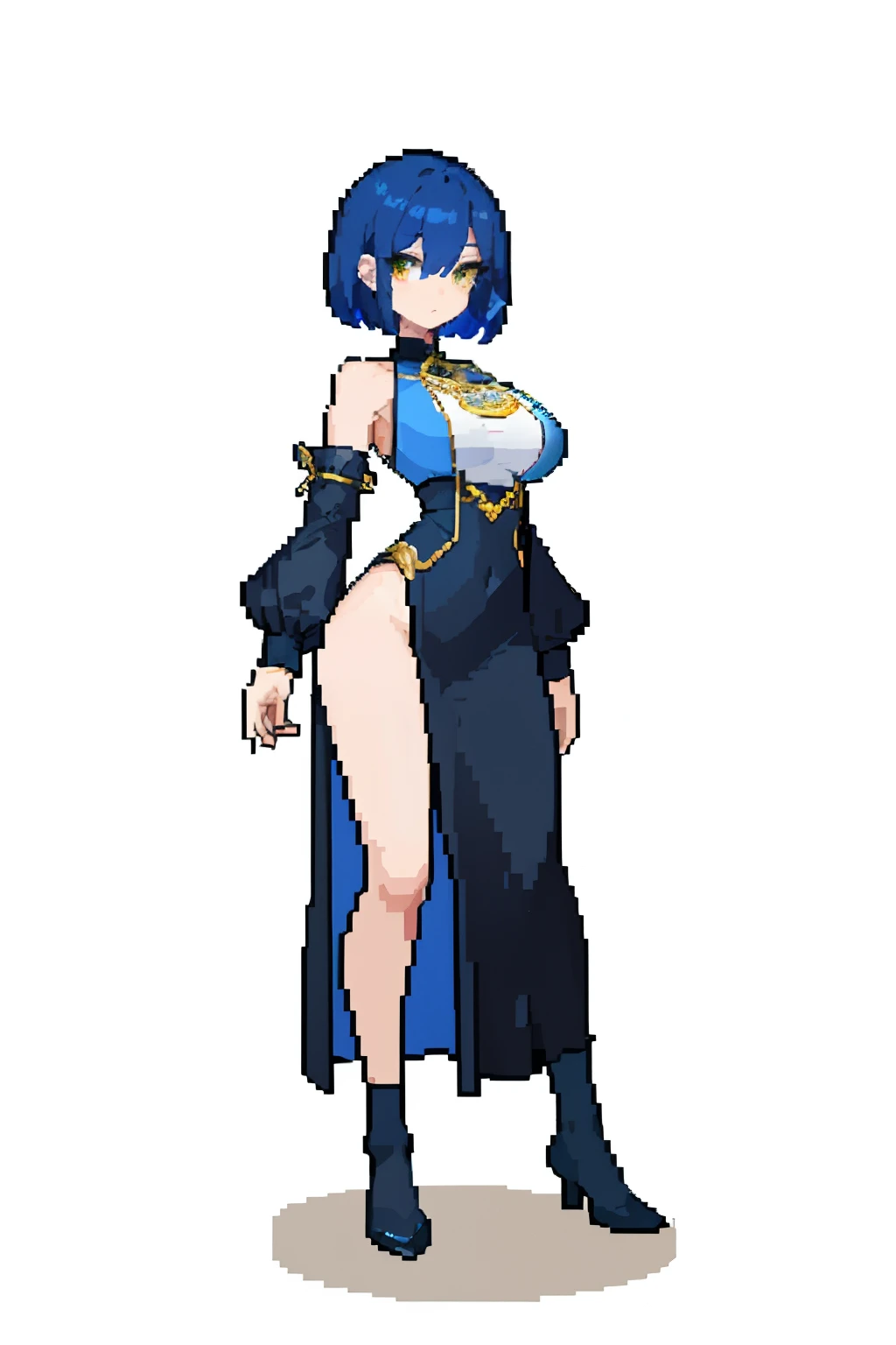(masterpiece、top-quality、top-quality)、pixels、Pixel art、Long dark blue bob hair、Pale yellow eyes、One girl、((Black high-leg traveler costume exposing obscene breasts))、full body Esbian、huge-breasted、痴女