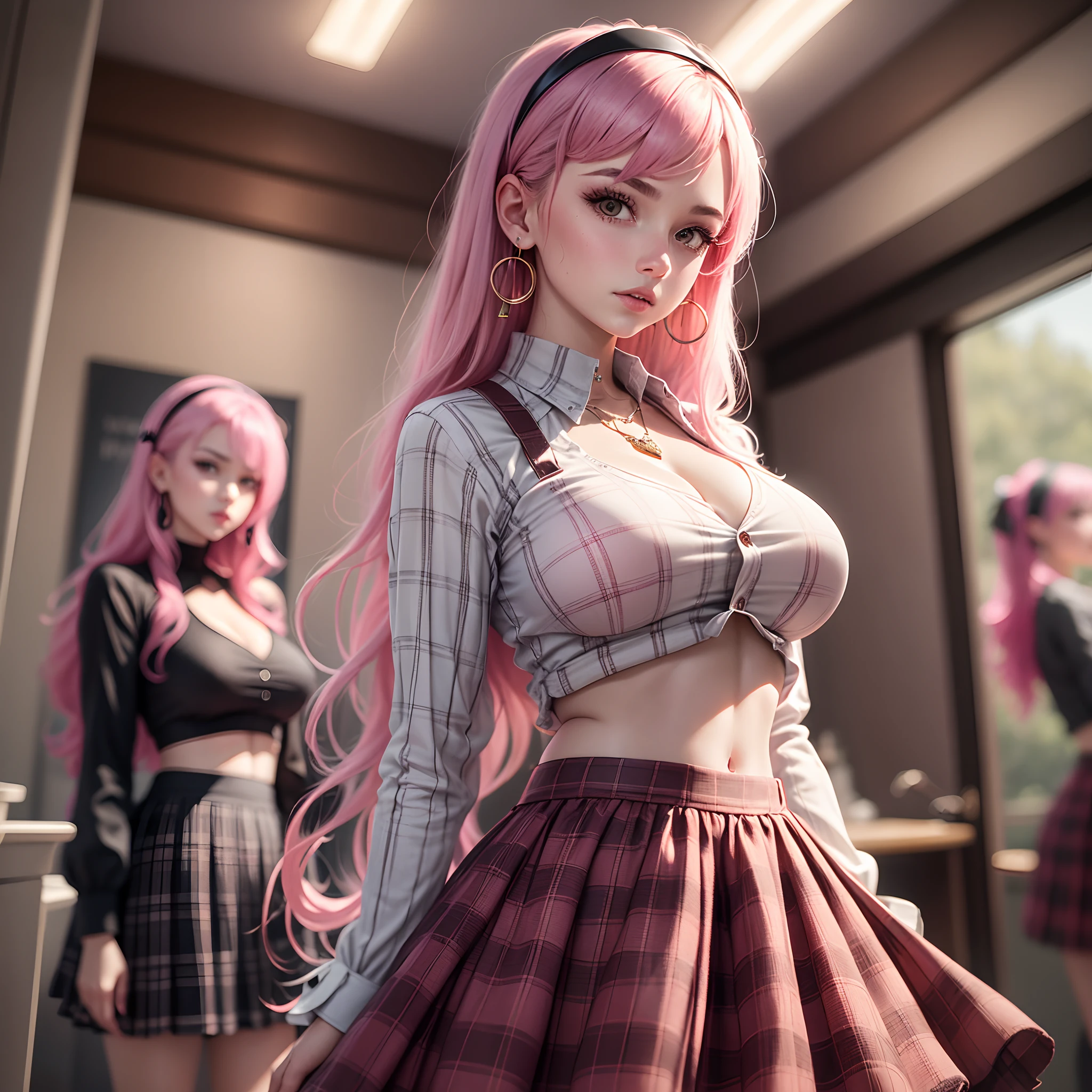 ((Ultra-high realistic image quality)), (Masterpiece: 1.5), (Best Quality: 1.5), High Resolution, High Detail, ((2 Girls, 2 girls)), Skin Highlight, Sharpen, Clear, straight hair, ponytail, cowboy shot, multicolored hair, rainbow colored bangs, Jewelry, bracelet, earrings, pale skin, smile, in the metro, ((school uniform), (unbuttoned a white (long shirt) revealing red lace bra: 1.3)), ((plaid pleated skirt: 1.2), (expose red lace thong: 1.1)), (small boobs), wide gap between thighs:1.6, large crotch gap, short, round hips, chubby, cleavage, makeup, navel piercing, Double Eyelids, small shoulders, flirting, ghetto tattoos, A lot of tattoos on the girls body, ((Pink vibrator in thigh-high socks))、