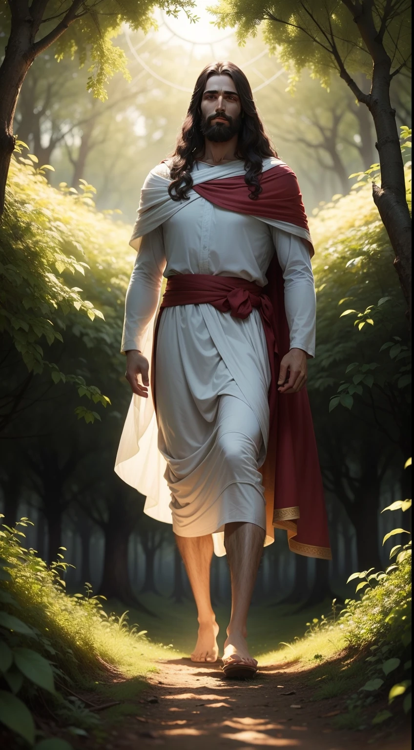 Um majestoso Jesus Cristo em um campo florido e com arvores, positividade, luz, energia