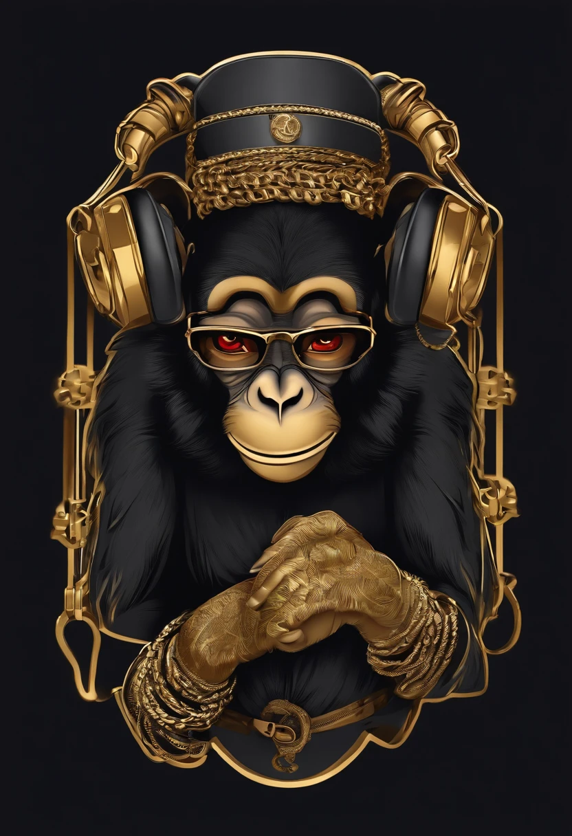 /imagine prompt: hiphop monkey illustration for a sticker with a black background, gold chain, in bold outline style, jagged edges,