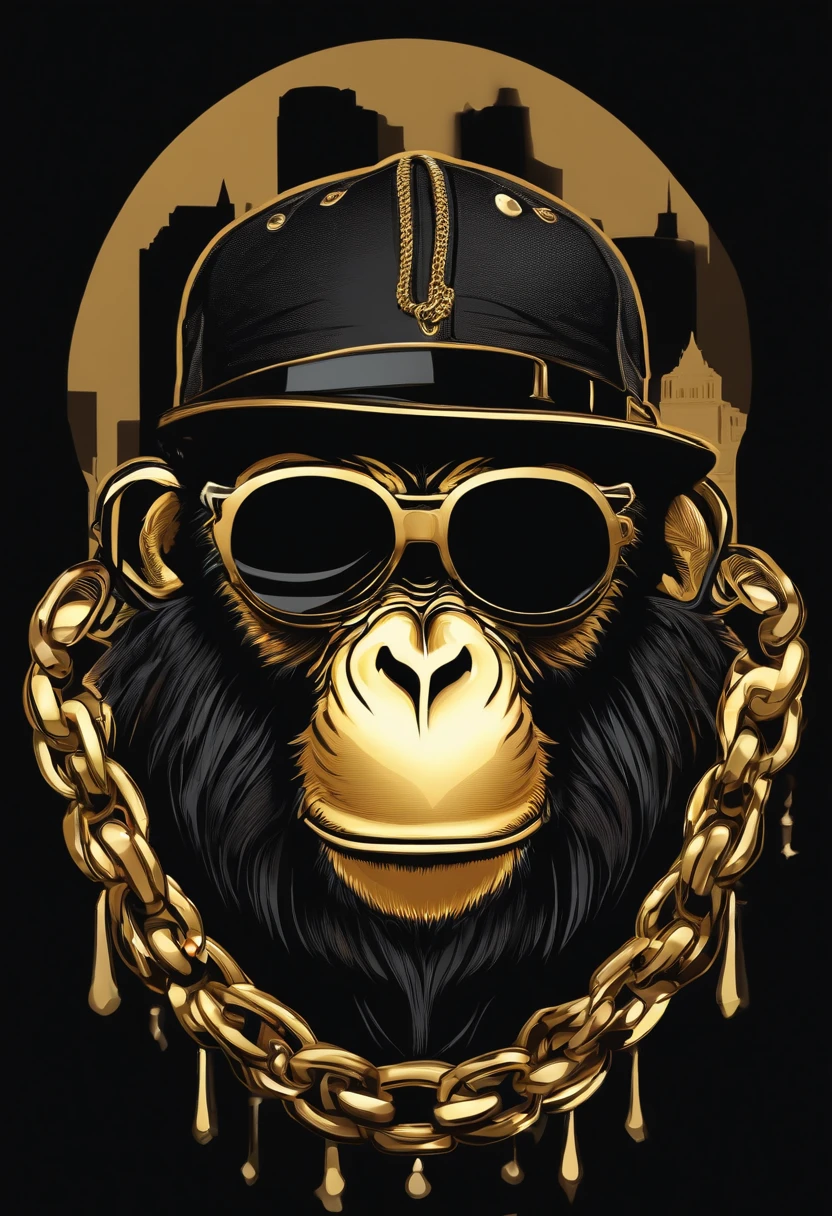 /imagine prompt: hiphop monkey illustration for a sticker with a black background, gold chain, in bold outline style, jagged edges,
