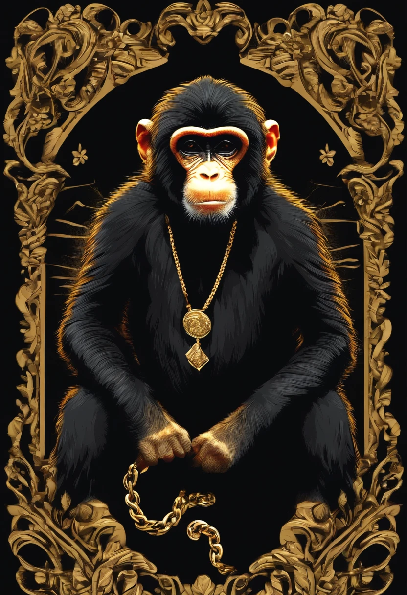 /imagine prompt: hiphop monkey illustration for a sticker with a black background, gold chain, in bold outline style, jagged edges,