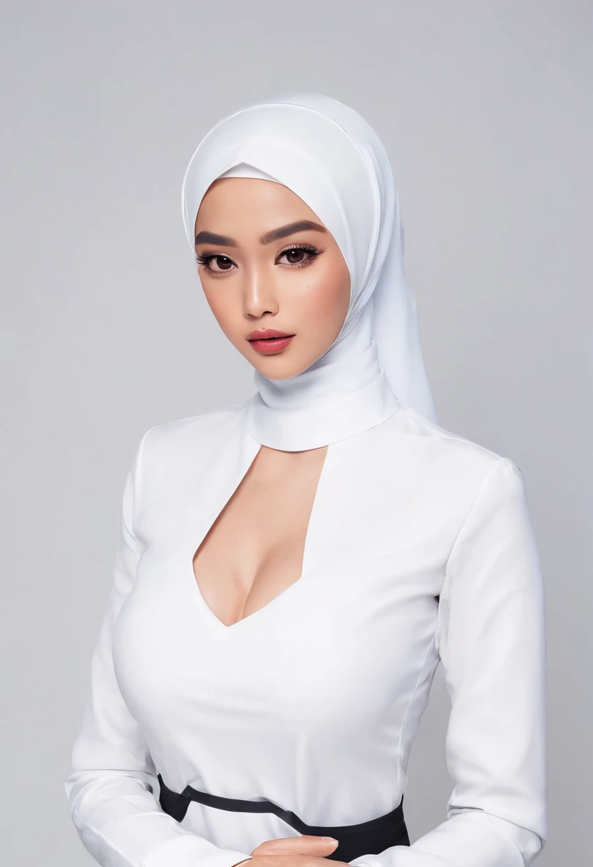 Beautiful young malay girl in hijab wearing very tight white nurse uniform in sexy pose, seducing pose, professional photography, studio background, professional lighting,