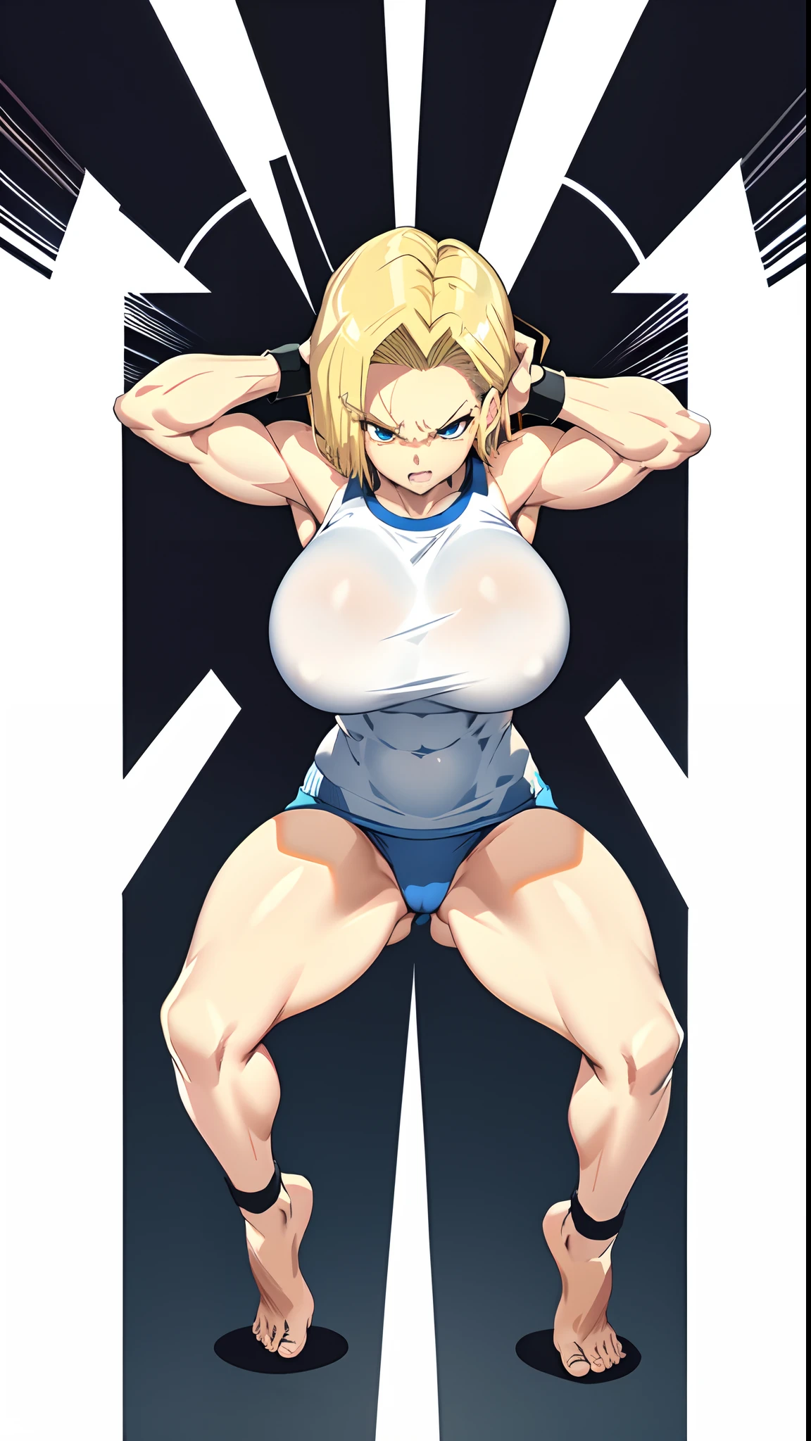 character 8k symmetrical, anime girl, blond hair, blond short hair, blue eyes, (((muscular))), huge breasts, thick thighs, solo, angry, (pale skin), running, working out, gym, erotic, bare feet, white background, android 18