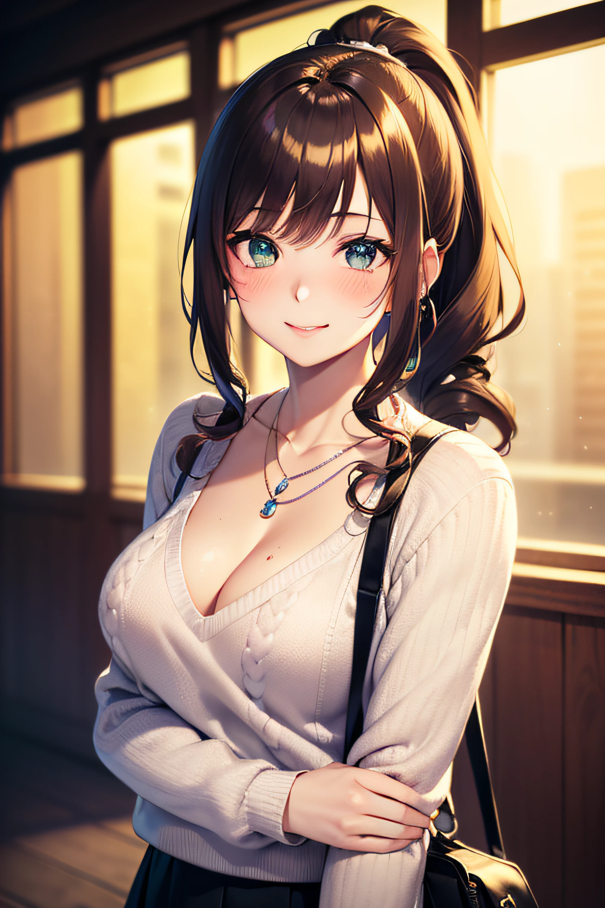 ((masterpiece, best quality, highres, UHD, perfect pixel, depth of field, 4k, RTX, HDR))), 1girl, single, solo, beautiful anime girl, beautiful artstyle, anime character, 24 years old, ((long hair, bangs, dark brown hair, curly hair:1.2, hair pin, ponytail)), ((detailed face, blushing:1.2)), ((detailed eyes, anime eyes style, beautiful eyes, green eyes:1.8, sparkling effect)), ((smooth texture:0.75, realistic texture:0.5, anime CG style)), ((medium breasts, cleavage)), busty, perfect body, ((close up, cute, shot on face, pov selfie, smile)), ((white sweater, black skirt, the bra is visible from inside the sweater)), outdoor background, absurd background, bokeh:1.4, ((night, night lights)), ((minimalist necklace, silver necklace, 1baguette bag, fashionable))