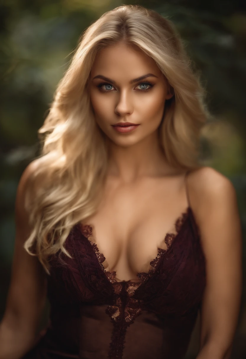 realistic photo of a beautiful blonde girl, cleavage,