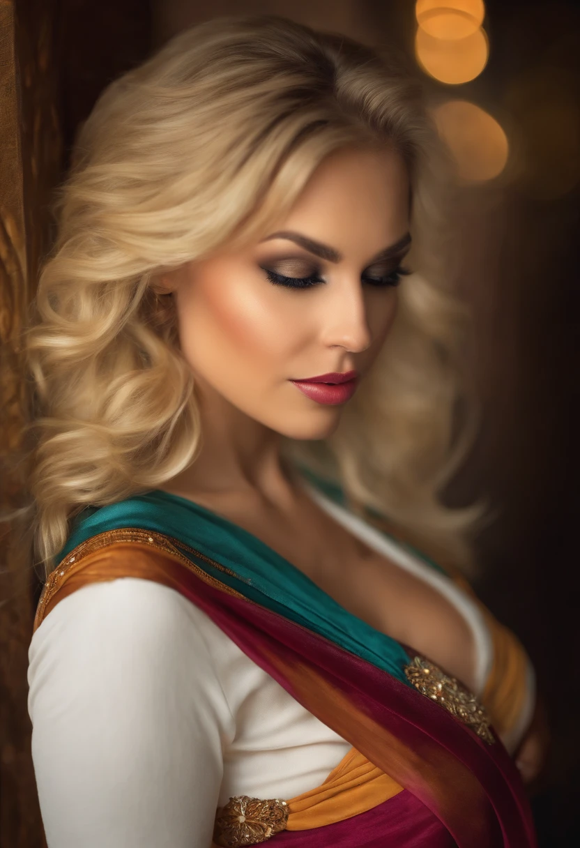 realistic photo of a beautiful blonde girl, cleavage,