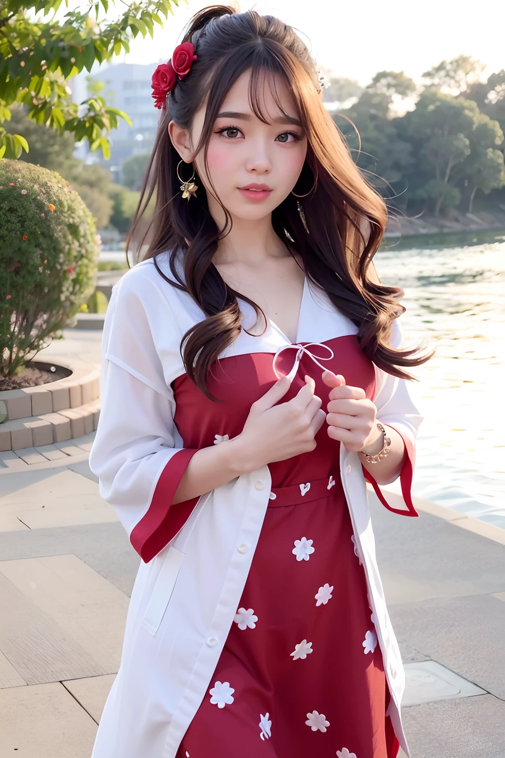 One girl walking on the river、Mix 4、a sailor suit、PILLOWS、s lips、Opening Mouth、realisitic、a picture_\(Curly\)、独奏、animal stuffed、Stuffed toys、teddy bears、(​masterpiece)、(Photorealsitic:1.3)、ultra-detailliert、(high detal)The skin:1.2)、(top-quality:1.0)、(超A high resolution:1.0)、(Orchan-6500:0.3)、Wavy detailed hair、length hair、rays of sunshine、(Beautiful detailed makeup)、(sexual excitement、red blush、Rough breathing:1.0) )、Studded flower themed petals、(soft glow bloom:0.5)