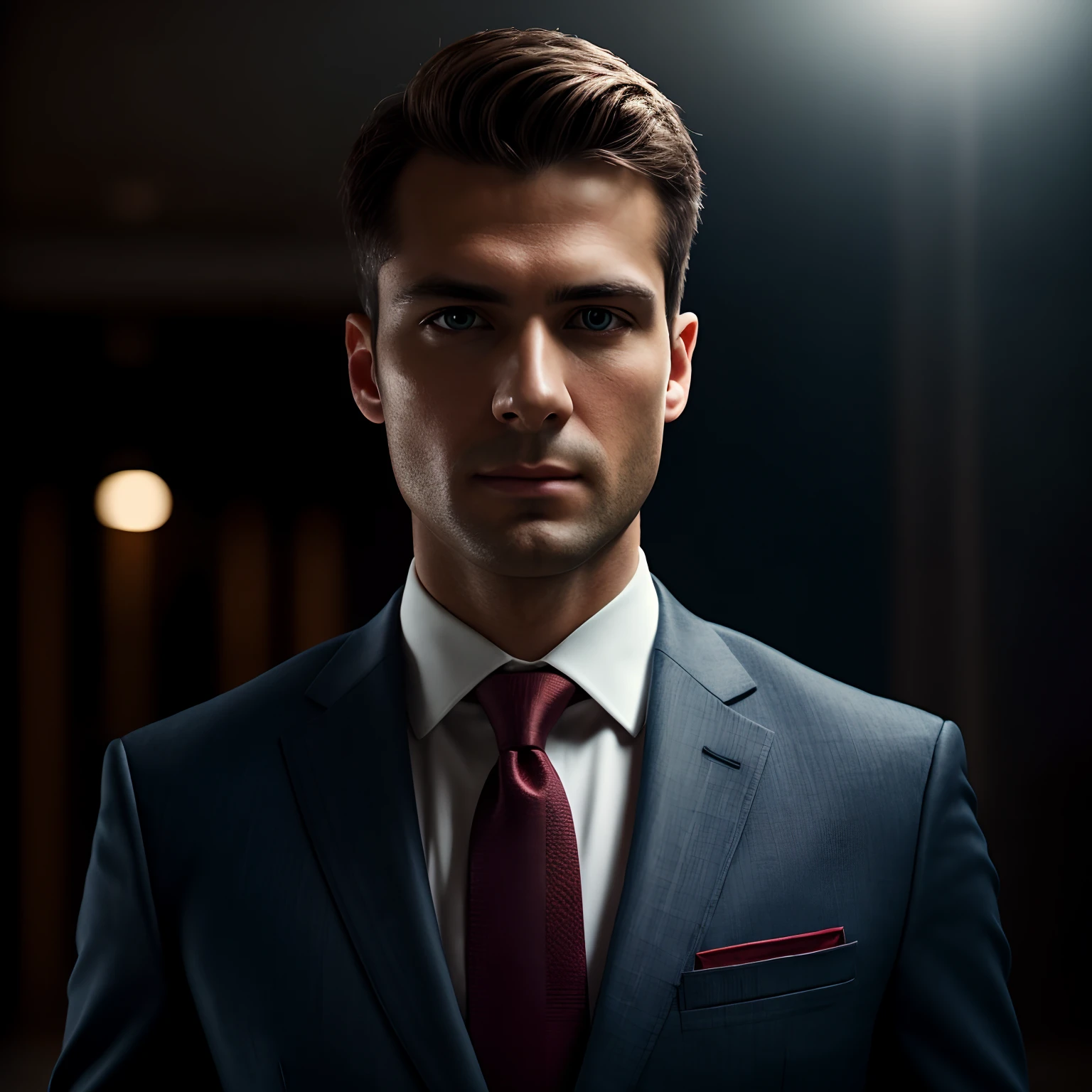 a Man standing with 18 years in suit and tie, body and head straight in the photo, DSRL, facing the viewer of the photo, eyes fixed to the lens, appears shoulders and head in the photo, man centered in the photo, 8k, best quality, masterpiece, realistic, realistic photo, movie photo, ultra realistic, 1 person, detailed,  Perfect lighting, DSRL, professional photo, 4k