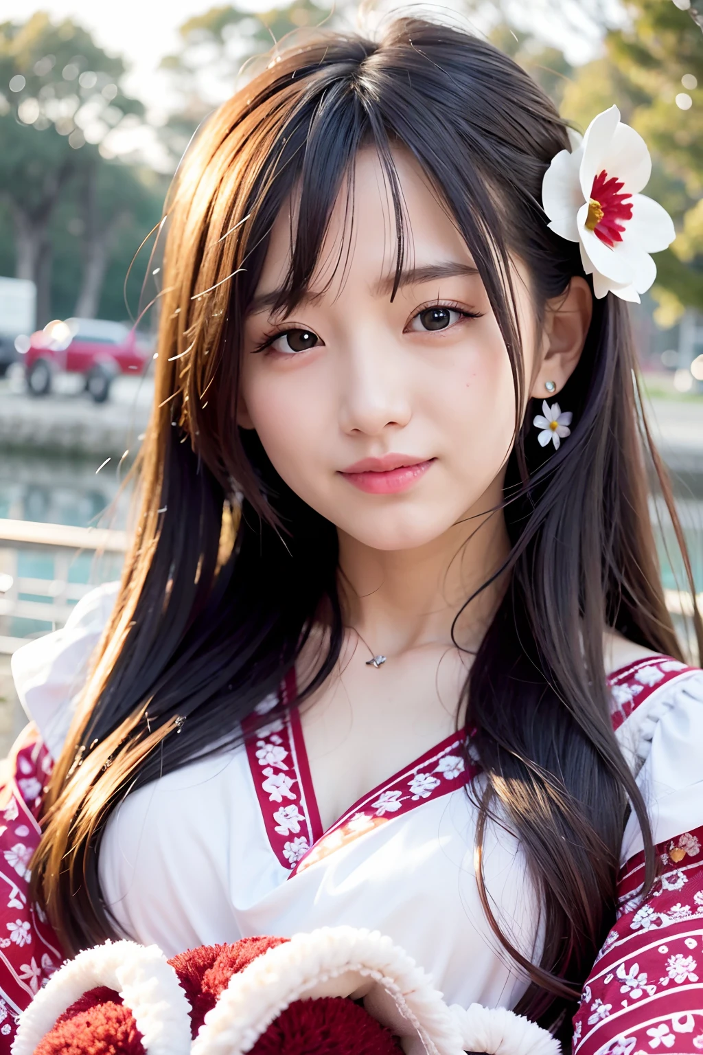 One girl walking on the river、Mix 4、a sailor suit、PILLOWS、s lips、Opening Mouth、realisitic、a picture_\(Curly\)、独奏、animal stuffed、Stuffed toys、teddy bears、(masterpiece)、(Photorealsitic:1.3)、ultra-detailliert、(high detal)The skin:1.2)、(top-quality:1.0)、(超A high resolution:1.0)、(Orchan-6500:0.3)、Wavy detailed hair、length hair、rays of sunshine、(Beautiful detailed makeup)、(sexual excitement、red blush、Rough breathing:1.0) )、Studded flower themed petals、(soft glow bloom:0.5)