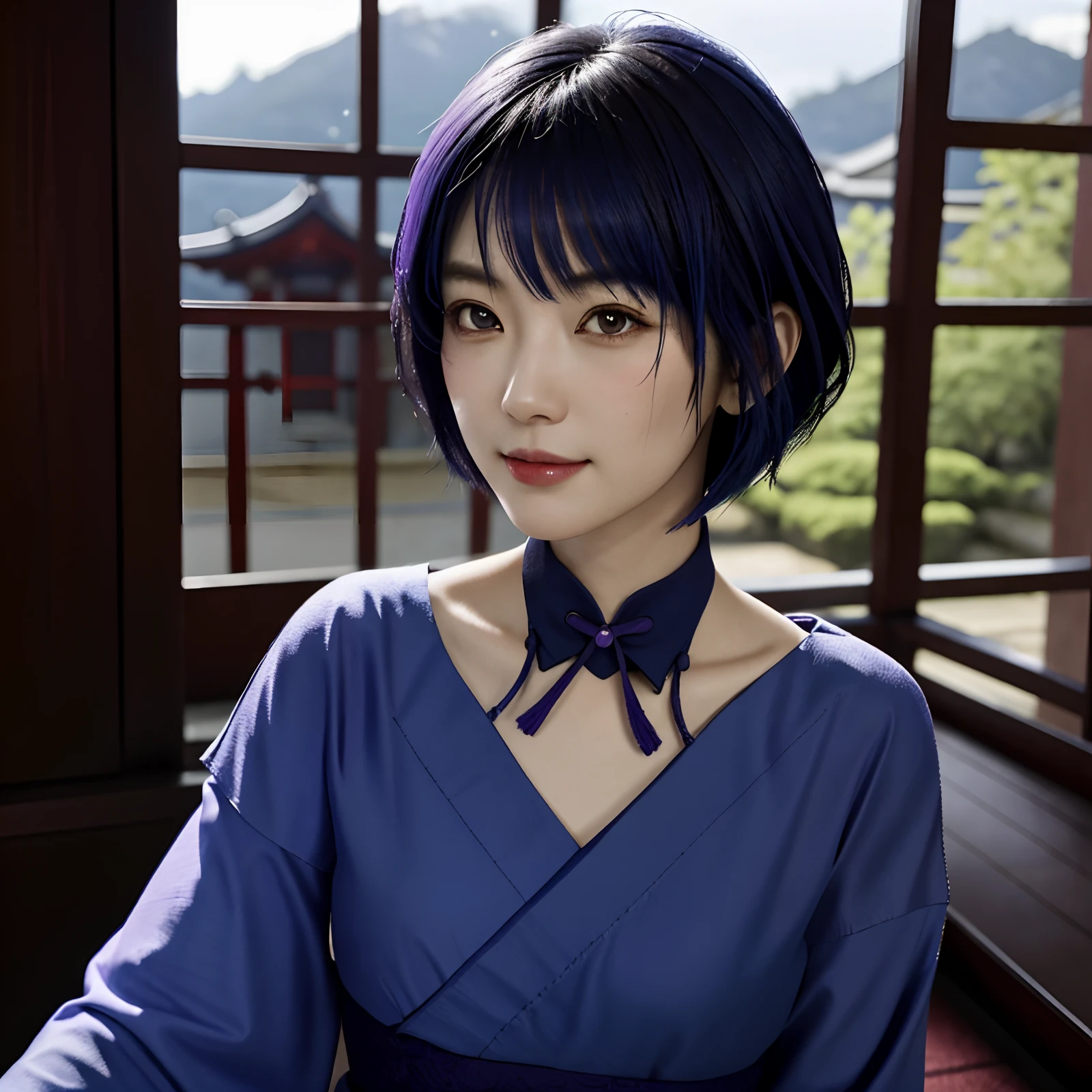 raidenshogundef,The upper part of the body,ssmile,Be red in the face,inside in room,In the daytime,simple backgound,blue-sky,short detailed hair,Skysky,temple,looking at viewert,stairways,mont,moody light,face to the viewer,