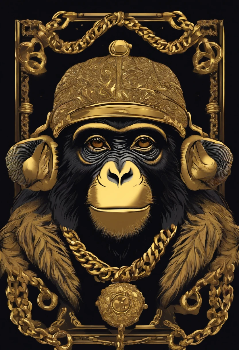 /imagine prompt: hiphop monkey illustration for a sticker with a black background, gold chain, in bold outline style, jagged edges,