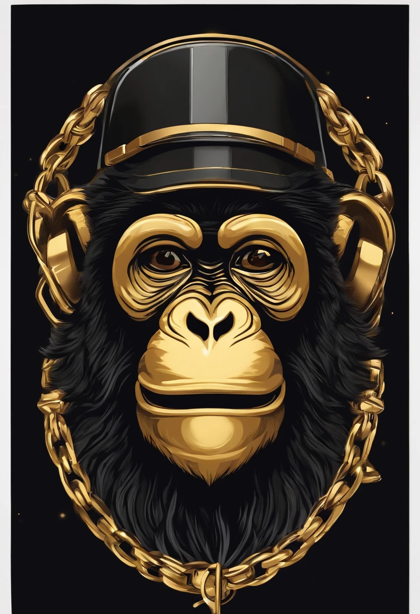 /imagine prompt: hiphop monkey illustration for a sticker with a black background, gold chain, in bold outline style, jagged edges,