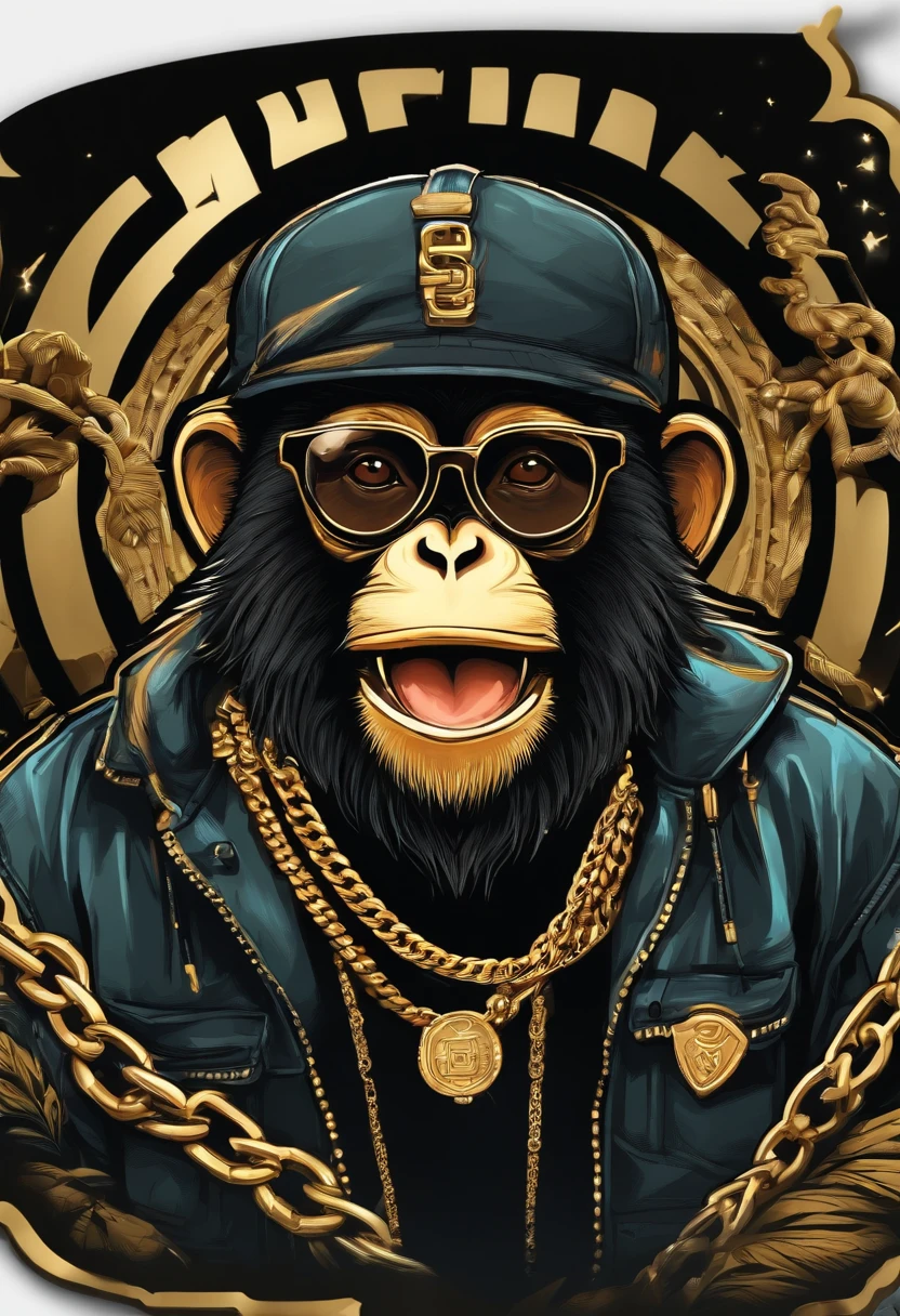 /imagine prompt: hiphop monkey illustration for a sticker with a black background, gold chain, in bold outline style, jagged edges,