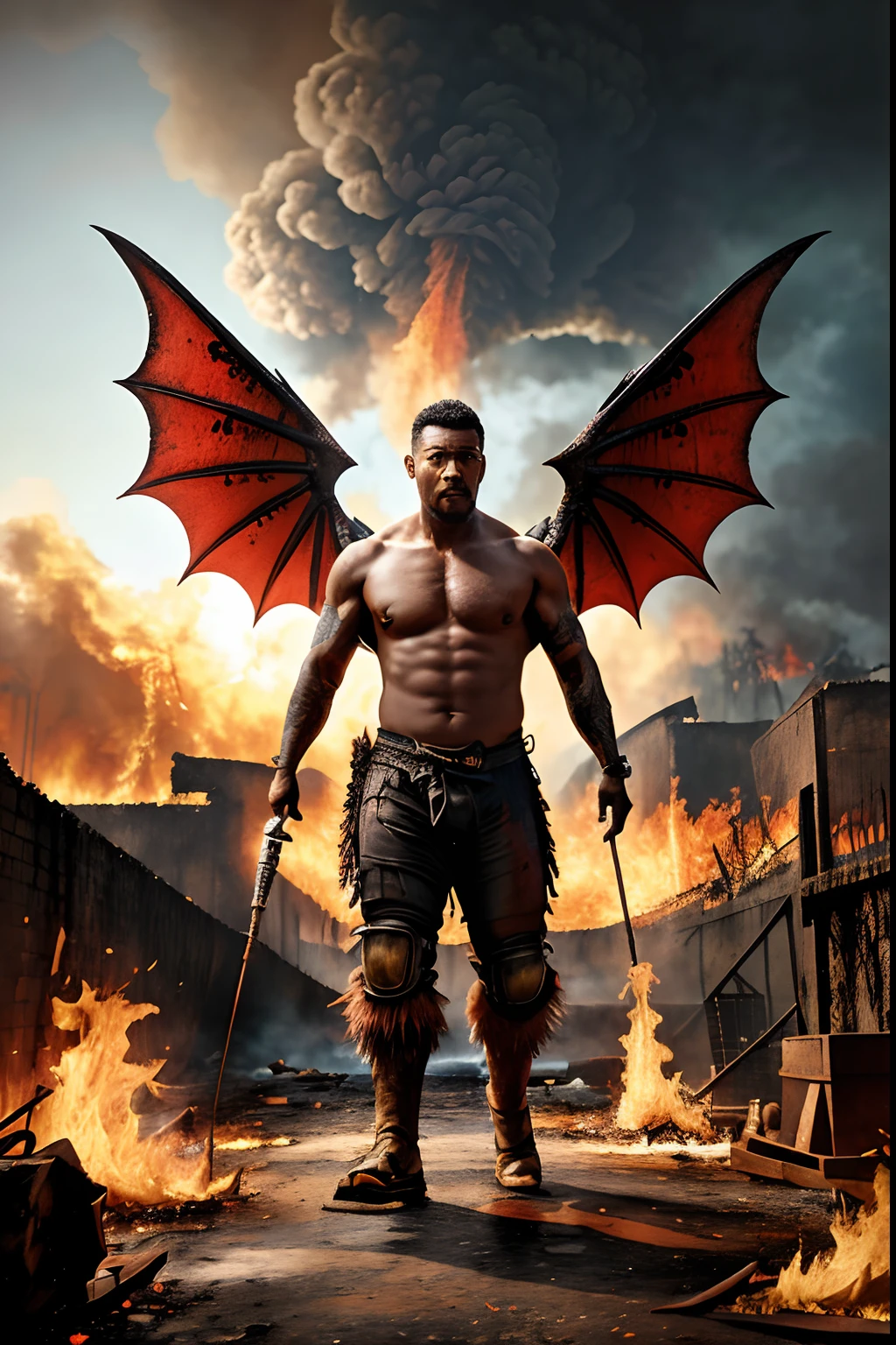 guttoepic2, Generate an extraordinarily detailed and realistic illustration of a humanoid figure with impressive dragon wings, chifres proeminentes, pele vermelha vibrante, e intenso, olhos amarelos brilhantes. O personagem deve ser retratado de frente para o espectador, showcasing its formidable presence. Place this creature against a backdrop of raging fire and the remains of destroyed ruins, emphasizing the dramatic and chaotic nature of the scene. Use Octane rendering to capture intricate detail and realistic textures, garantindo um resultado 8K UHD inspirador e imersivo.