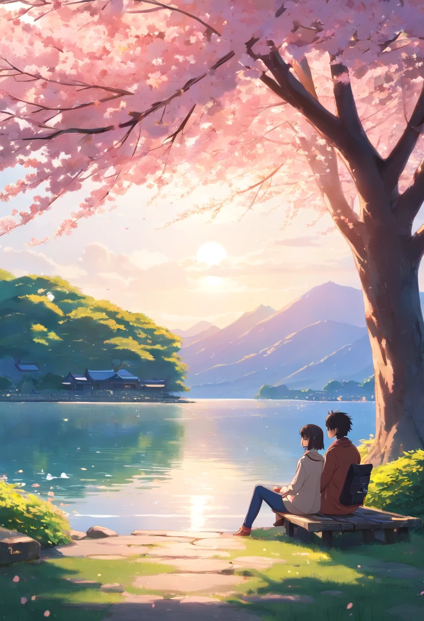 under a big sakura tree, beside a lake, a couple is sitting, couples back will be seen, higly real, 4k, super high detail