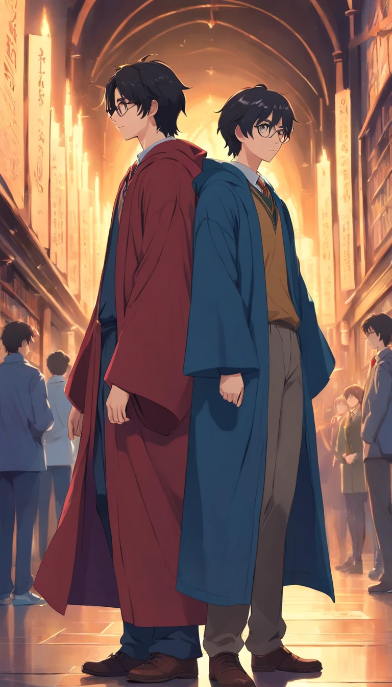 dark robes, in school, evening, Harry Potter male gryffindor, 18 years old, has blue eyes - messy short dark hair, wearing glasss; holding hands with a male slytherin, Severus Snape 35 years old, has a large, hooked nose, has long-shoulder black hair, dark eyes, Hogwarts