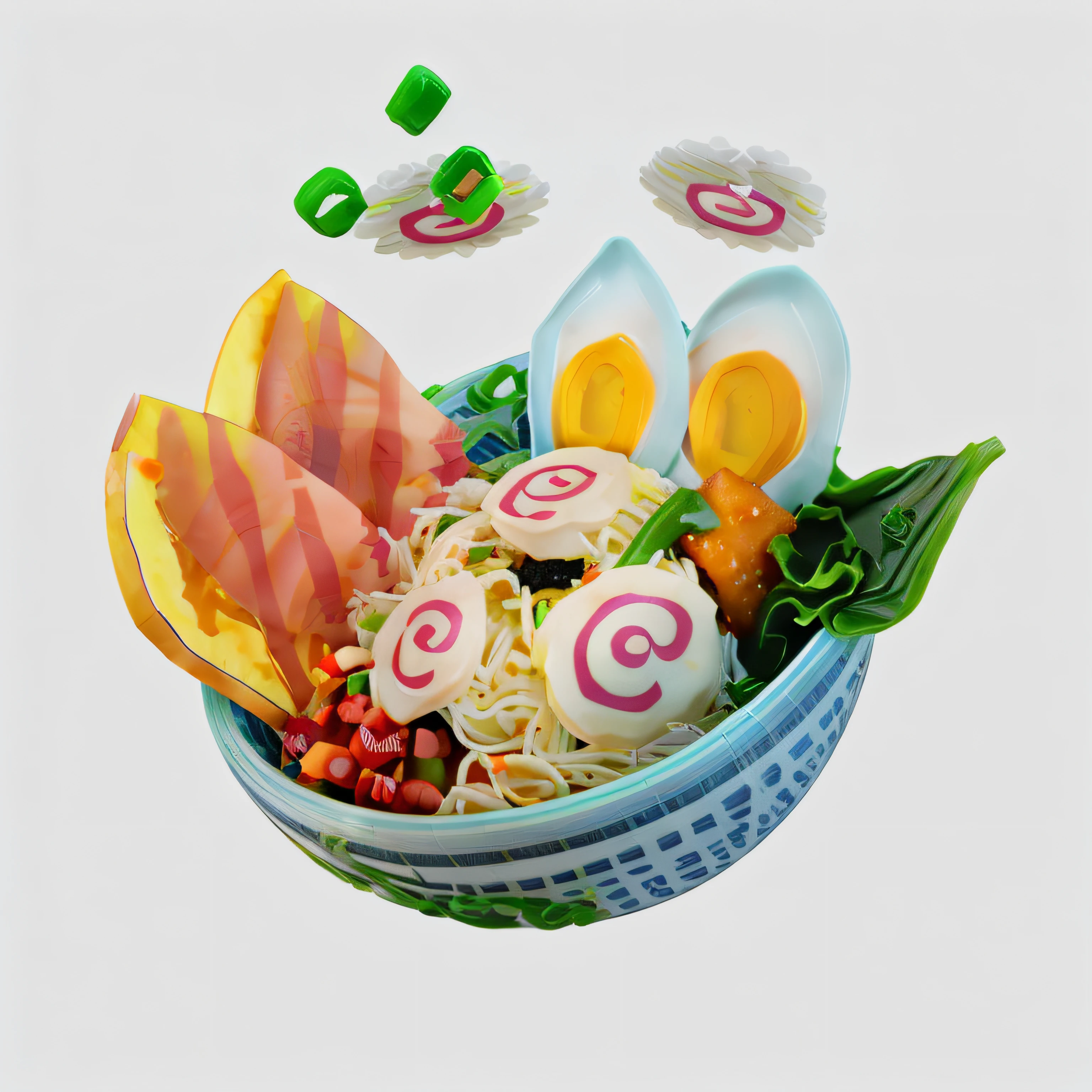 There is a food bowl with many different foods, Comida de anime, tigela cheia de comida, comida de fantasia, Described as a 3D rendering, Pop Japonisme 3 D Ultra Detalhado, imagem de comida super realista, ( ( 3D-rendering ) ), promotional render, mundo da comida da fantasia, delicioso, 3d model of a Japanese mascot, negao