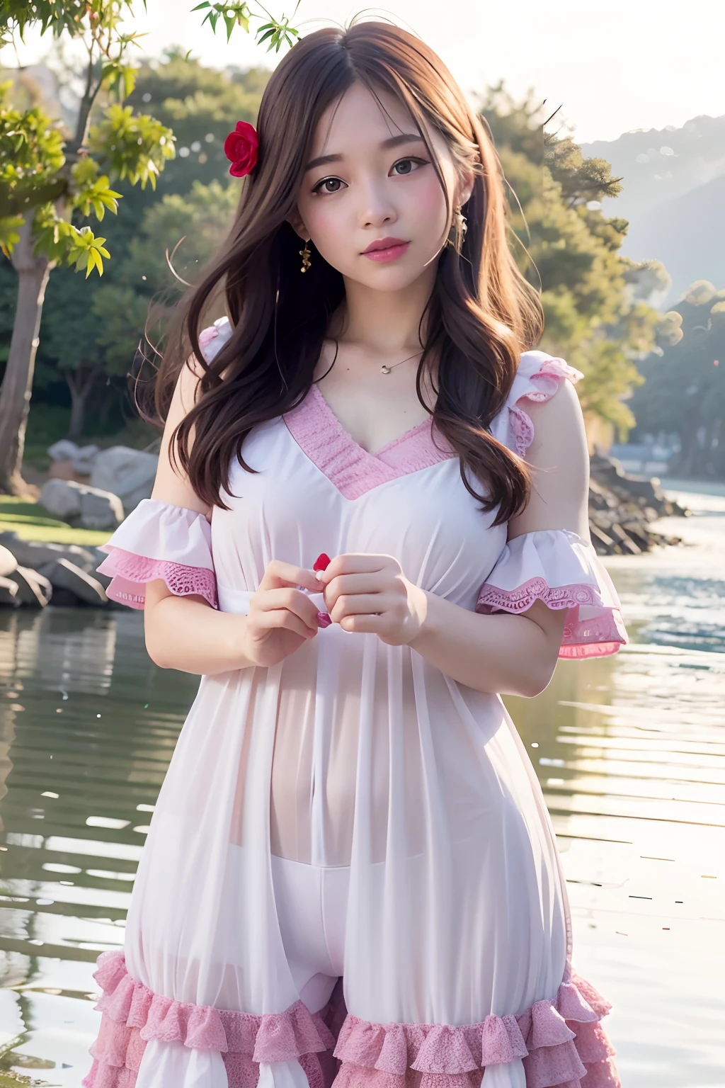 a 15-years-old girl at sea side, wearing white and pink transparent lace, eyeball, tears, smile, grin, longeyelashes, Verism, depth of field, ray tracing, reflection light, UHD, textured skin, super detail, high details, high quality, anatomically correct