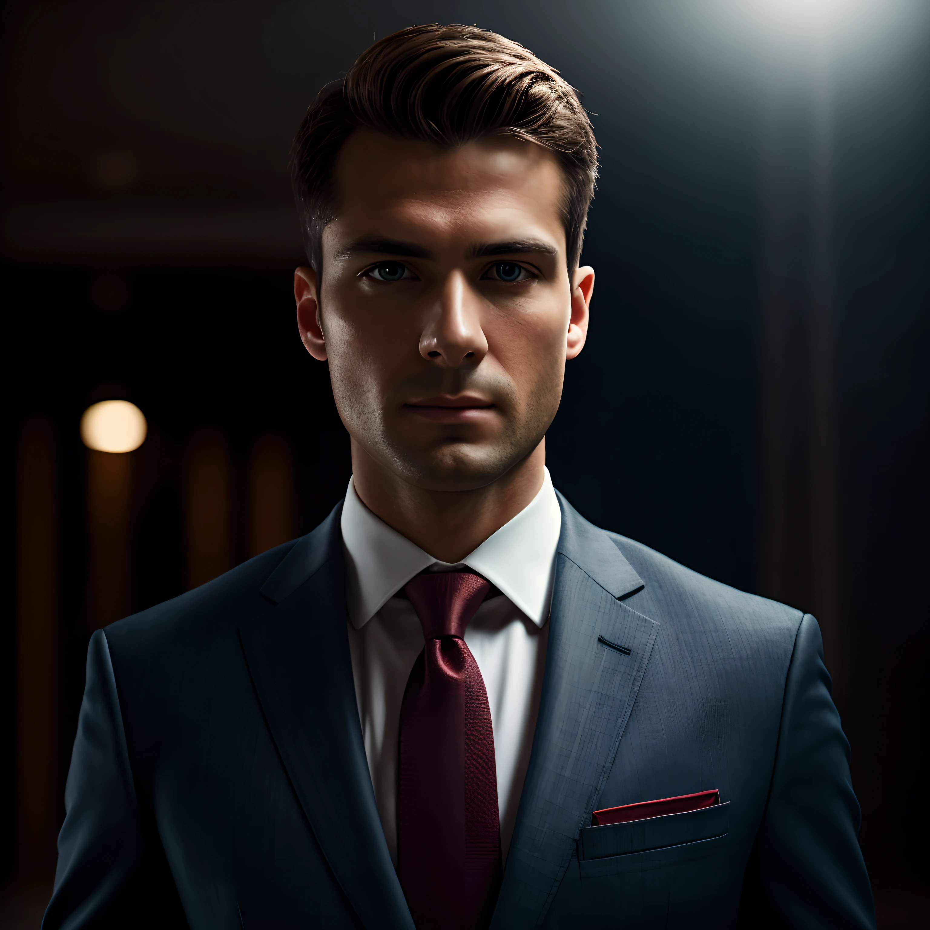 a Man standing with 18 years in suit and tie, body and head straight in the photo, DSRL, facing the viewer of the photo, eyes fixed to the lens, appears shoulders and head in the photo, man centered in the photo, 8k, best quality, masterpiece, realistic, realistic photo, movie photo, ultra realistic, 1 person, detailed, Perfect lighting, DSRL, professional photo, 4k