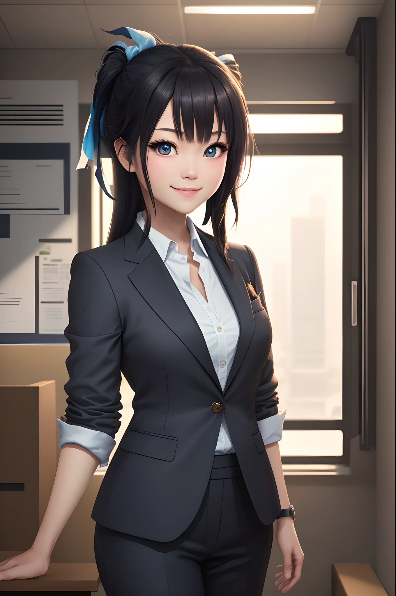 Mita Ibuki /(Projectile theory broken/), The bank is super detailed, Masterpiece, illustration, 8K, Masterpiece, Realistic shadows, Gradient, voluminetric lighting, Cute, Ambient lighting, Cowboy shot, Colorful, Beautiful and delicate eyes 1 girl, Solo, (OriginalOutfit), Smile, {office backdrop}, formal suits