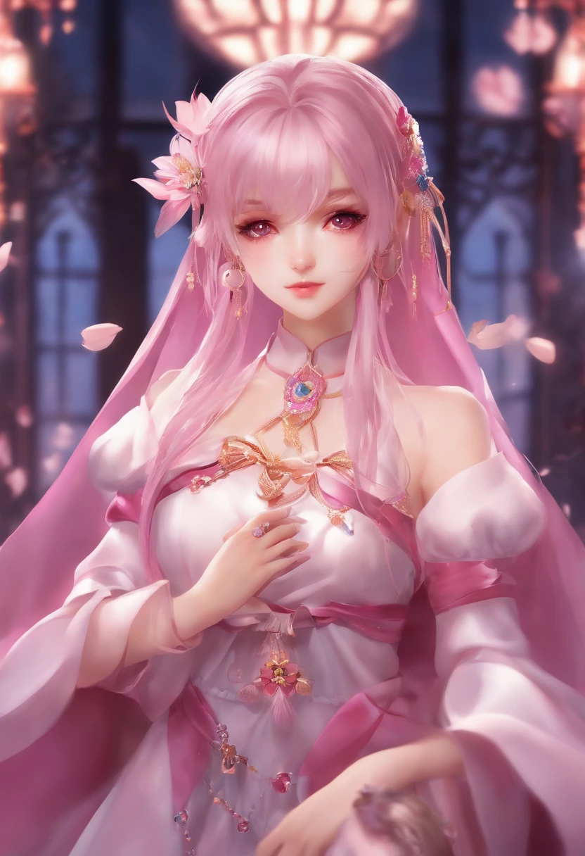nighttime,full body,Genshin Impact:Yae Miko,(((Wearing palace wedding dress, Long skirt, large hem,Fabric: Chiffon ))), in Pink Rose Castle, Masterpiece,best quality,extremely detailed 3DCG, Cinema-4D ,8k,Photorealistic, ( ##tattoo ##,tattoo, ~+ tattoo), (erfect female curves),(A seductive gaze), Facing the camera, Pink lips,Blacklight lighting,