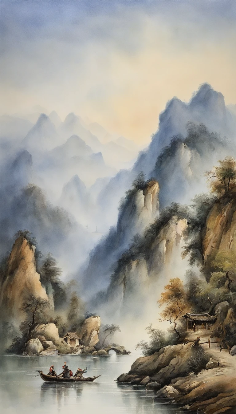 Chinesische Landschaftsmalerei，Tusche- und Aquarellmalerei，Wassertinte，Tinte，Schmutzfleck，übergenau，Wassertinte，Schmutzfleck，übergenau，Schmutzfleck，low saturation，Geringer Kontrast，The light boat has crossed the Ten Thousand Heavy Mountains，Beautifully depicted，Eine detaillierte，Precise，Werke von Meistern，tmasterpiece
