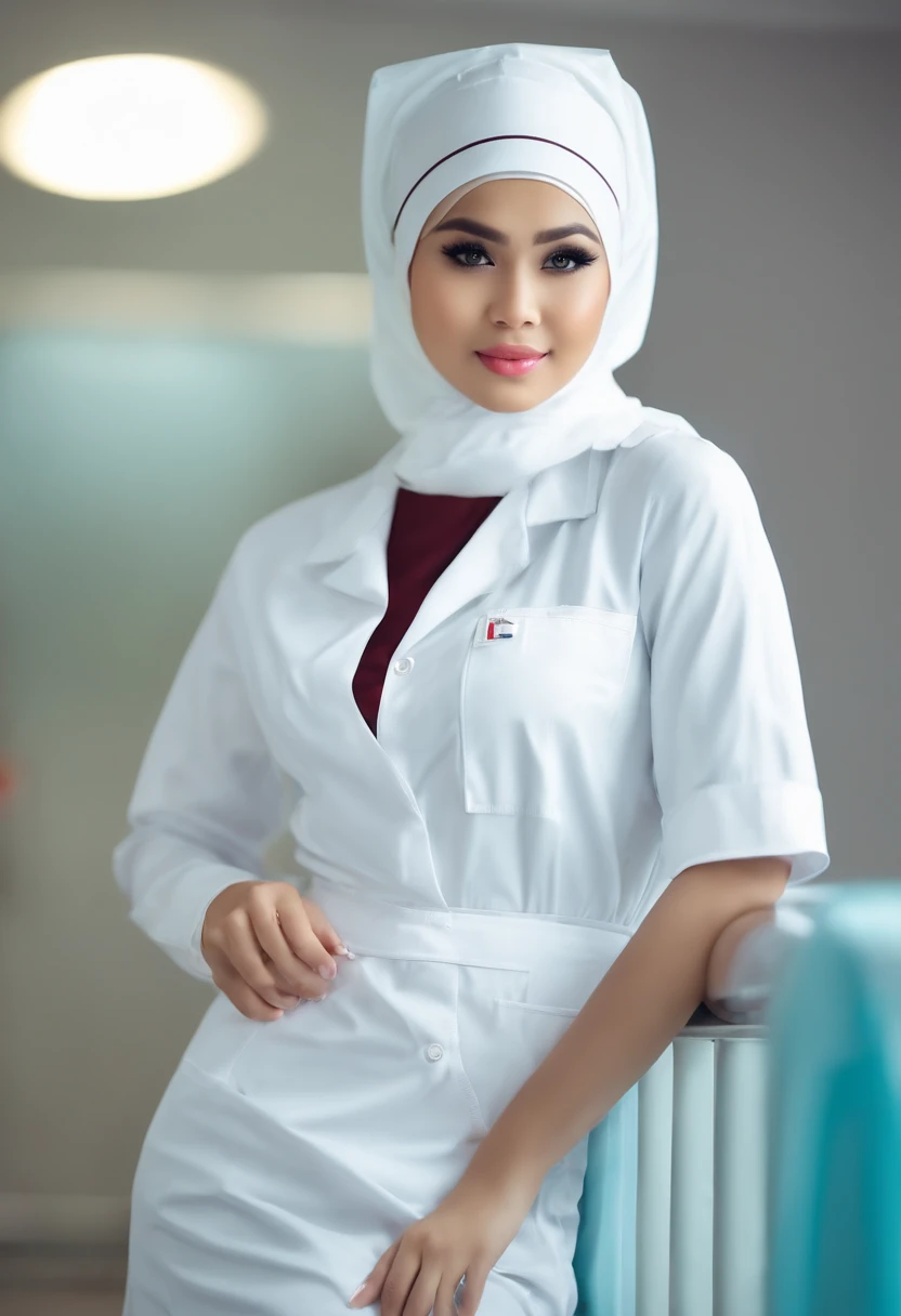 Beautiful young malay girl in hijab wearing very tight white nurse uniform with sexy pose, seducing pose, nurse hat, professional photography, hospital ward background, professional lighting, very tight outfit,