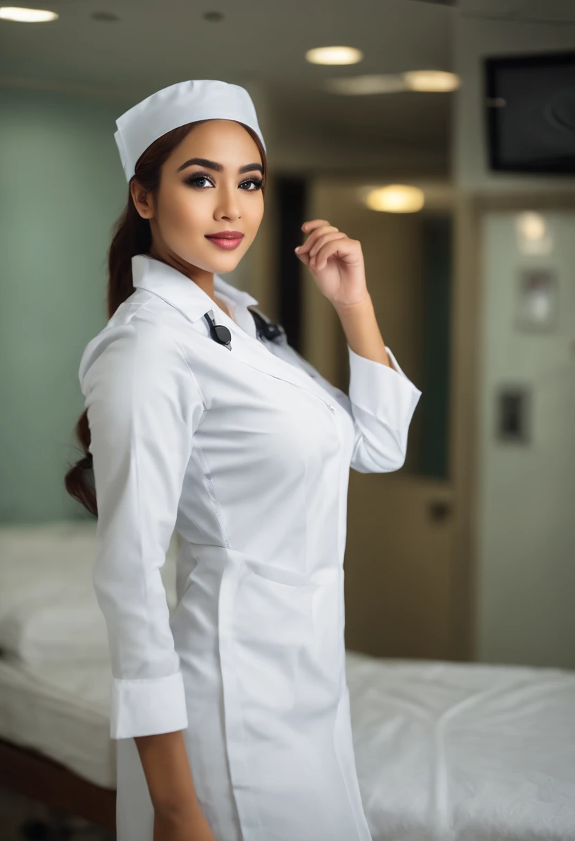 Beautiful young malay girl in hijab wearing very tight white nurse uniform with sexy pose, seducing pose, nurse hat, professional photography, hospital ward background, professional lighting, very tight outfit,