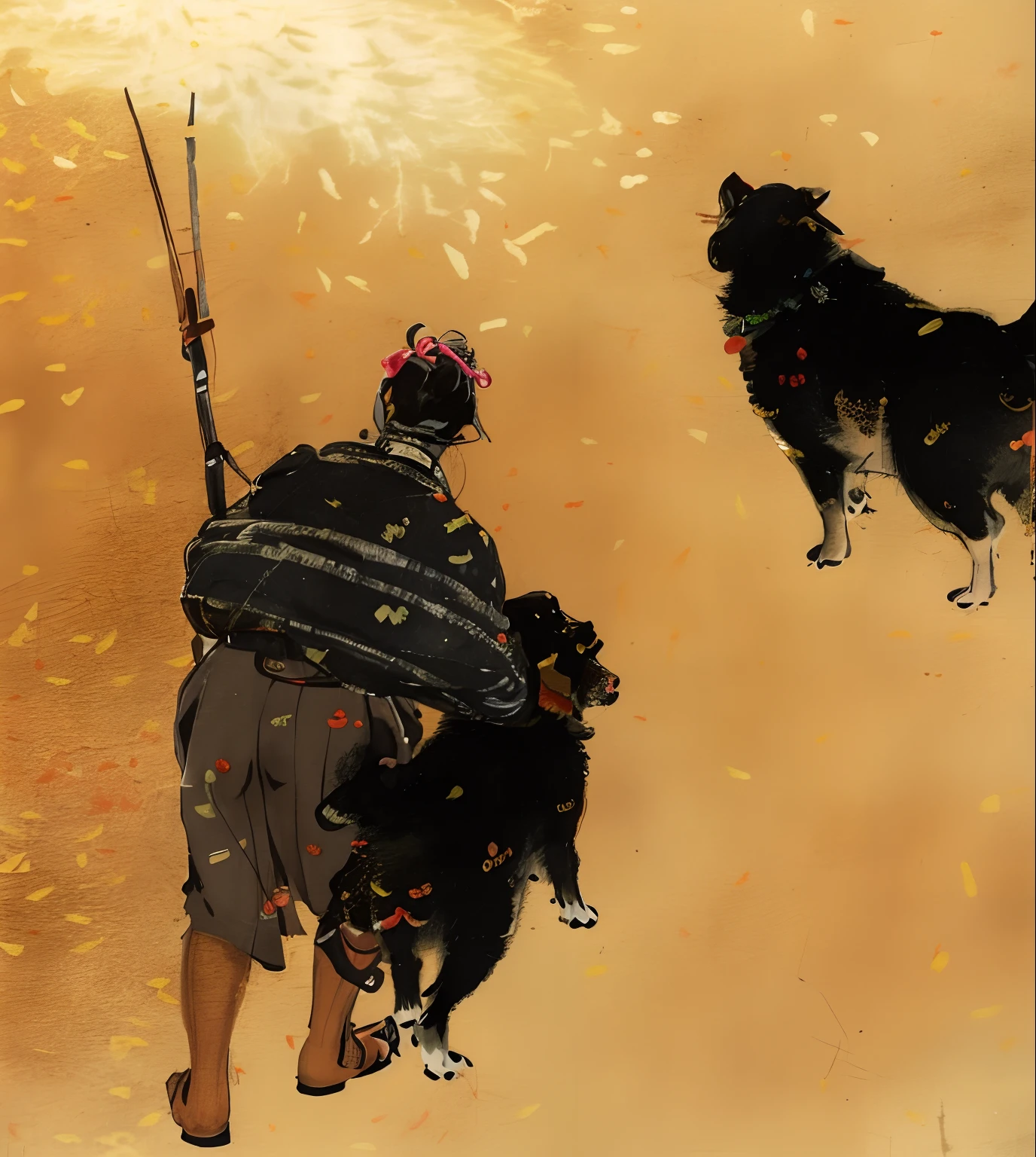 Draw a man and a dog and a dog on a leash, Leon Baxter, author:Tamanaka Ito, inspired by Hishida Shunsō, inspired by Sōami, takato yamamoto aesthetic, author:Asainaka, inspired by Makuzu Kōzan, inspired by Kanō Hōgai