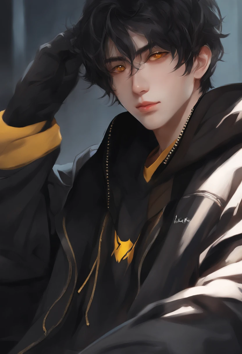 anime guy with yellow eyes and black hair in a black and yellow hoodie, a character portrait inspired by Bian Shoumin, pixiv contest winner, realism, high quality anime artstyle, artwork in the style of guweiz, digital anime illustration, anime style character, anime style portrait, male anime style, anime boy, highly detailed exquisite fanart, high quality fanart , brown eyes