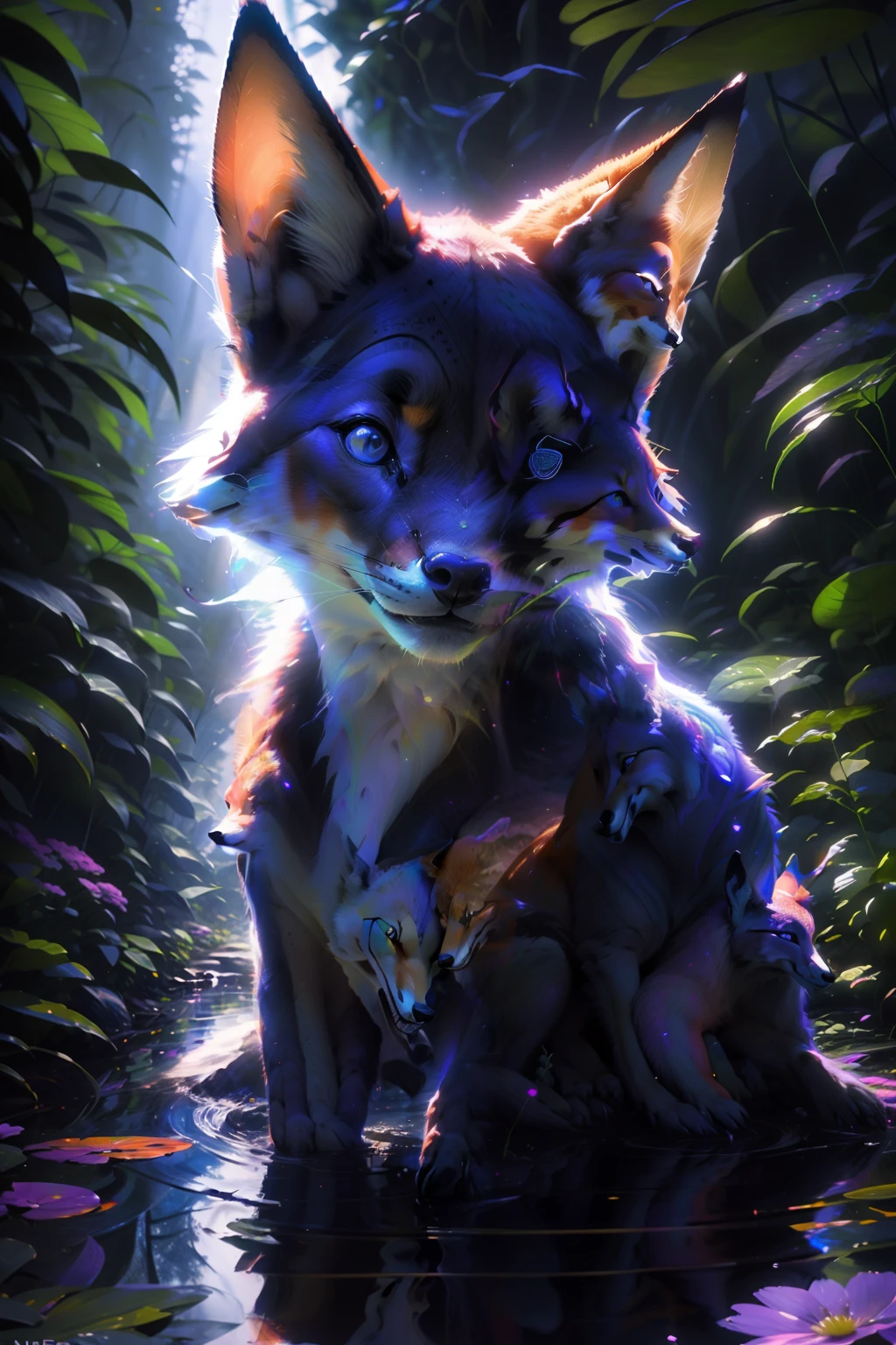 Antro Raposa realista de cores vivas iriscente com olhos brilhantes e cauda brilhante, ultra realistic antropomorph ethereal fox, raposa digital iriscente, arte de fantasia digital colorida, arte digital luminescente, Arte digital altamente detalhada em 4k, 8k arte impressionante, Arte bonita UHD 4K, Arte digital detalhada em 4k,