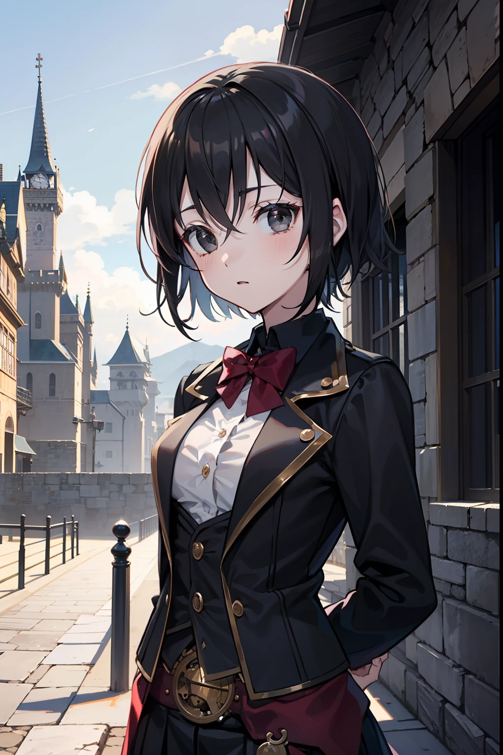 Okappa　A dark-haired　black eyes　short hair　steampunc　Stand in the courtyard of the castle　teens girl