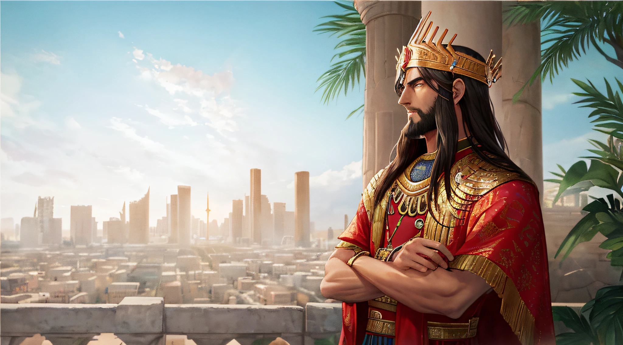 King Nebuchadnezzar looking at the city of Babylon, Em uma grande cidade babilonica, mesopotamic, Assyrian, ancient mesopotamia, cities of mesopotamia, Sumerian, antiga cidade persa, ancient mesopotamian warrior, age of empires, historical artistic depiction, Gilgamesh, Bible, Bible Stories, Nabucodonosor