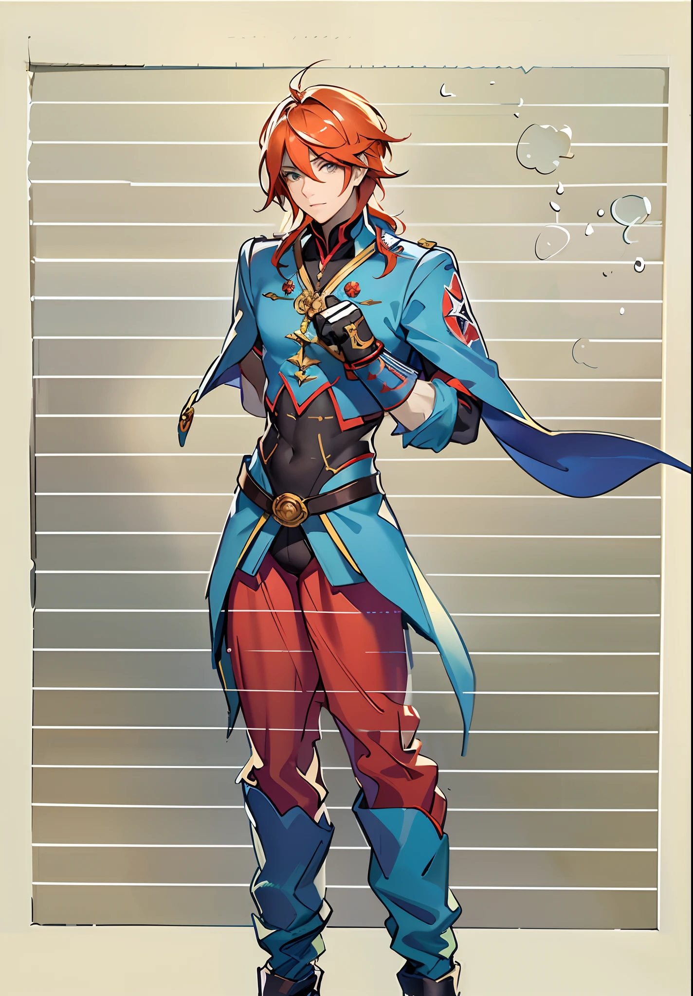 A man with a serene expression and bright orange hair stands before us, dressed in a two-piece red and blue fantasy-style outfit, The clothing design is simple yet elegant, with intricate patterns, This character design is reminiscent of Chinese martial arts heroes in Japanese anime, with finely crafted character design and a mature artistic style, ((character concept art)), full body character drawing, high definition, ultra-detailed, extremely delicate, symmetrical face, extremely detailed eyes and face, high quality eyes, 8k, (professional lighting:1.2), (soft lighting), ((masterpiece:2))