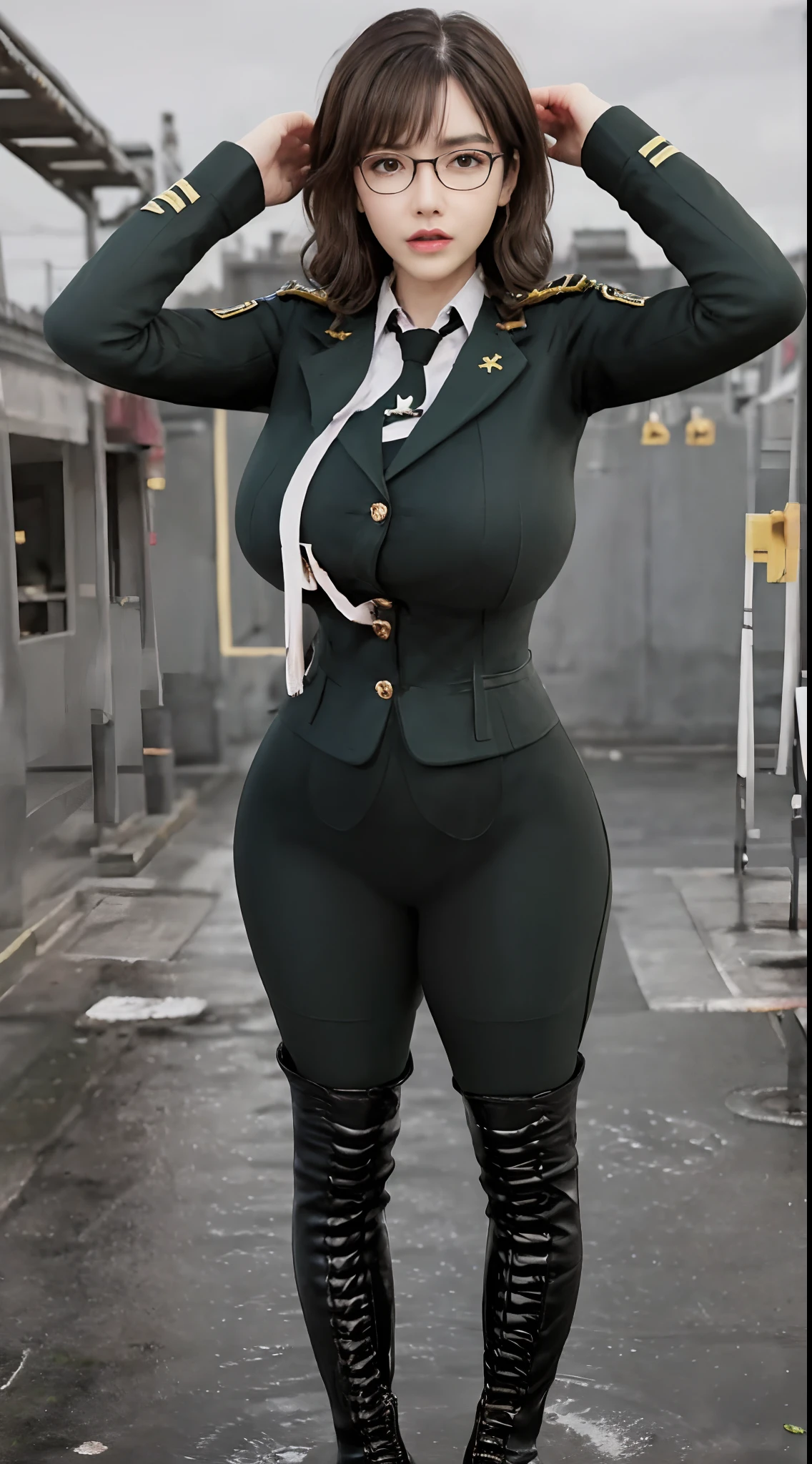 (Mature Woman:1.5), solo, (huge fake breasts:1.5), (muscular curvy body:1.6), (muscle abs:1.2), (expression of lust:1.5), (wavy beauty hair style:1.5), (wavy front bangs hair:1.4), (glasses:1.5), looking at viewer, (wet sweaty body:1.5), (skintight Green military uniform,Fabric texture military uniform,Pure white lining,Dark green tie:1.5), (military tactical gear:1.5), (skintight camo pants:1.1), (Beautifull makeup:1.5), (standing:1.9), (military boots:1.4), Best quality at best, (street city:1.5), diffuselighting, depth of fields, Background bokeh, photorealistic, UHD, (anatomically correct:1.5), high details, high quality, best quality, highres, 16k, HD.