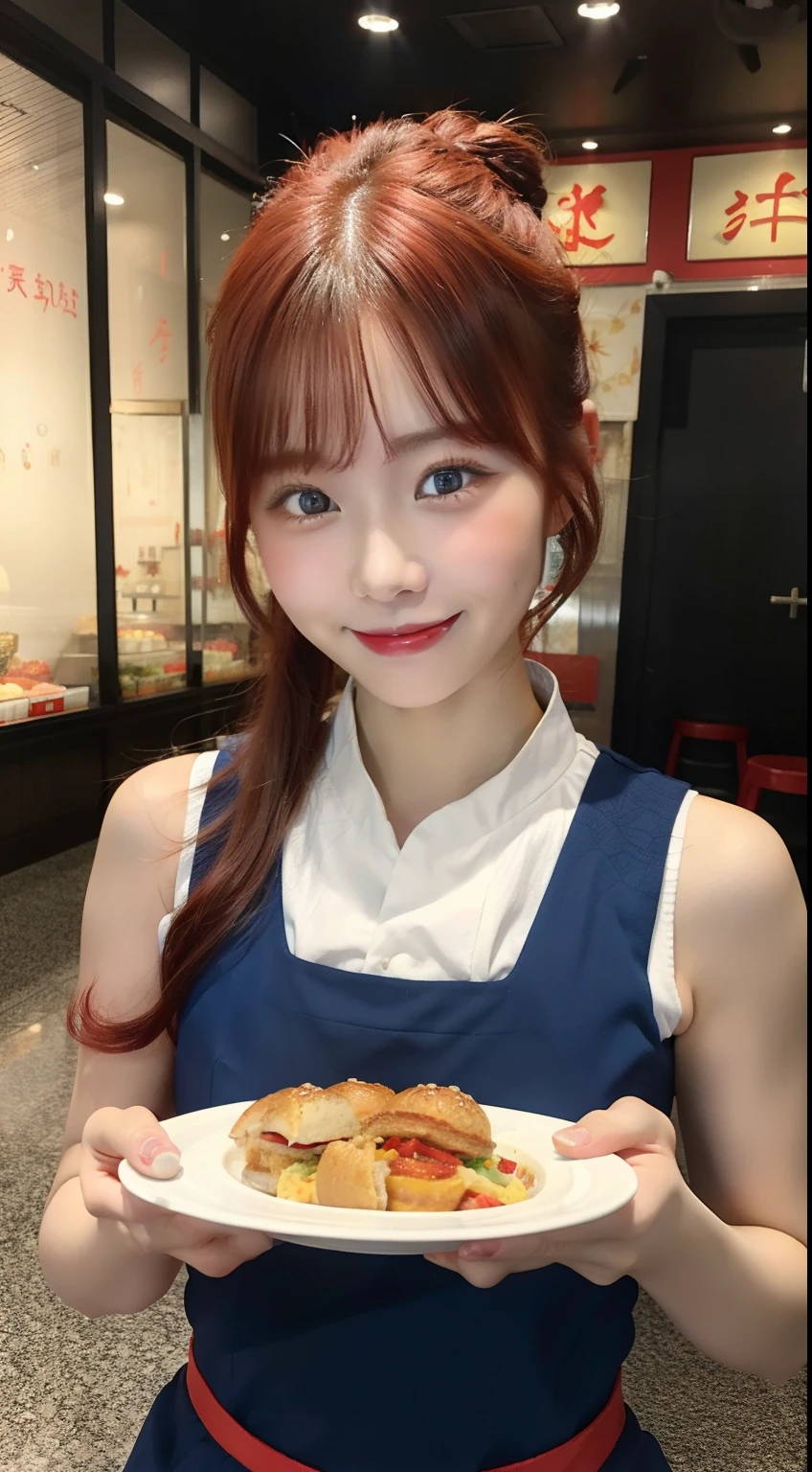 young girl, red hair in a bun, blue eyes, Chinese sleeveless dress, Shorts, A tray of food, Cheerful smile, open mouth, Masterpiece, high qulity