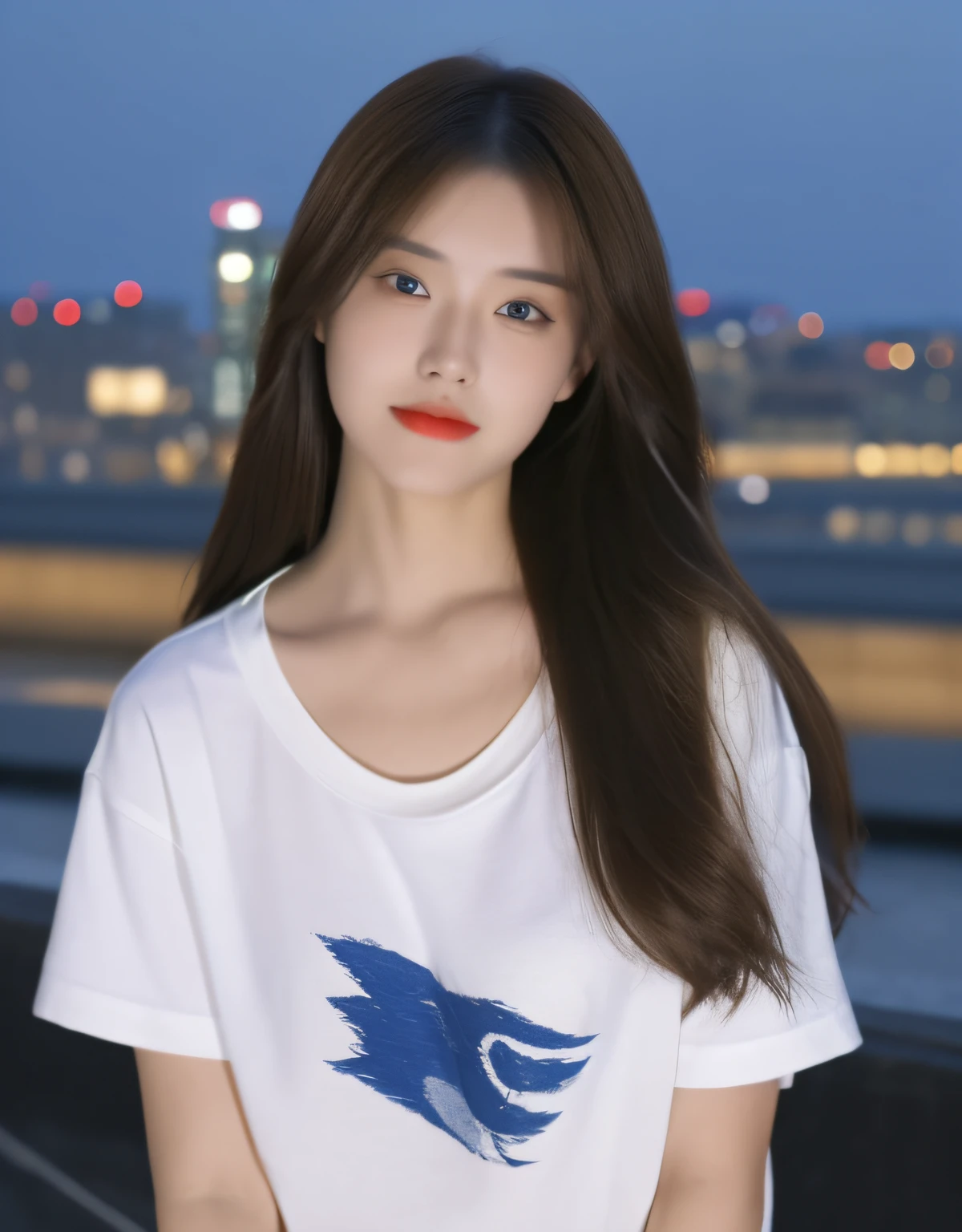 (midnight, Acura, 8K, masutepiece:1.3)), full bodyesbian, Handsome girl，neuter，Androgynous community，Long legs, Focal length: 1.2, Perfect body beauty: 1.4, Slim abs: 1.1, ((Dark brown hair, Flat-chested cool girl: 1.2 )), (White loose T-shirt, Jeans, Handsome girl standing，Carrying a jewelry Buddha bead in his hand，Hand strings: 1.2), ((city night scene, on the rooftop: 1.3)), Highly detailed face and skin texture, Fine eyes, Double eyelids，brunette color hair，With a little blue hair，Korea，pop star，Handsome girl