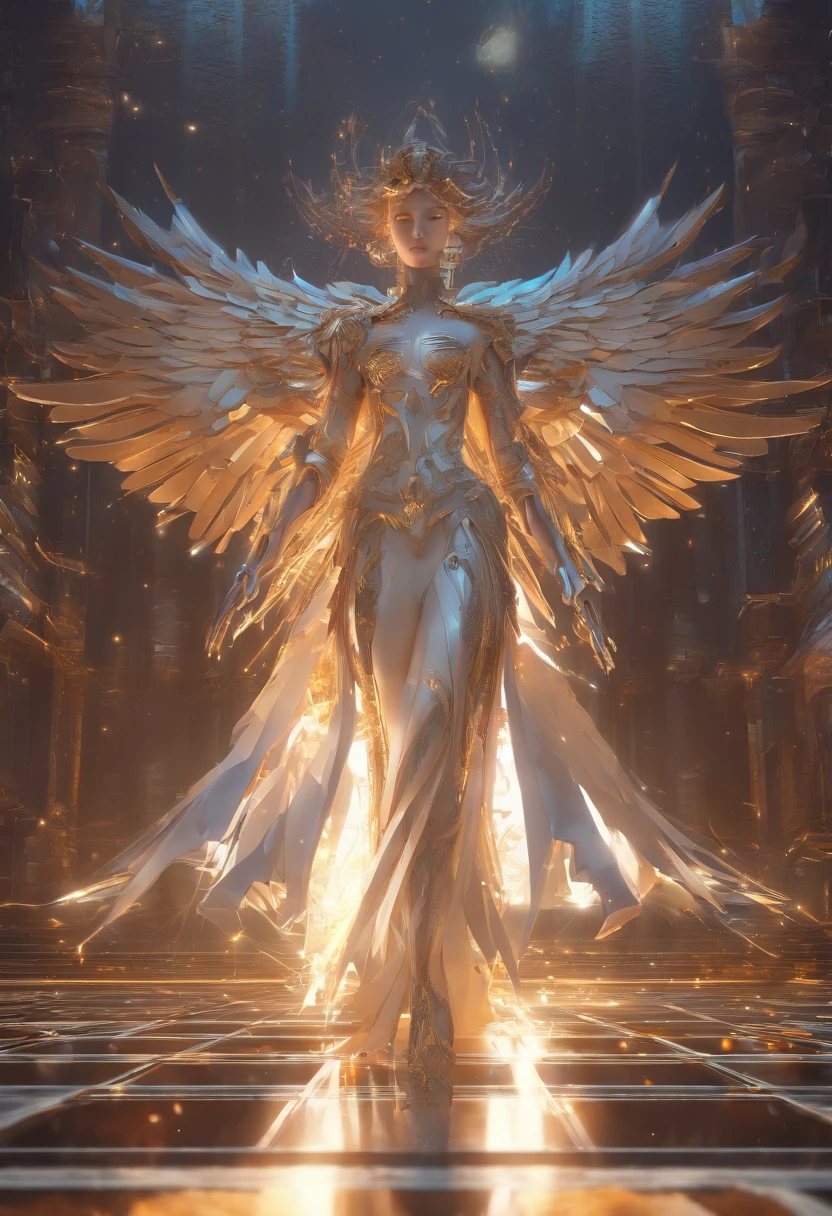 cosmic fallen angel, olhos claros brilhantes, Biomechanicals, estranho, assustador, Pesadelo, cores muito brilhantes, light particles, com luz brilhante, Mshiff, Arte do papel de parede, Papel de parede UHD