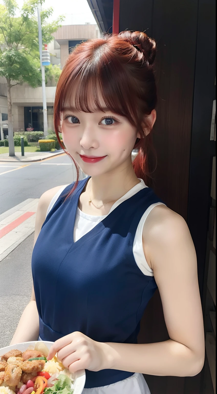 young girl, red hair in a bun, blue eyes, Chinese sleeveless dress, Shorts, A tray of food, Cheerful smile, open mouth, Masterpiece, high qulity