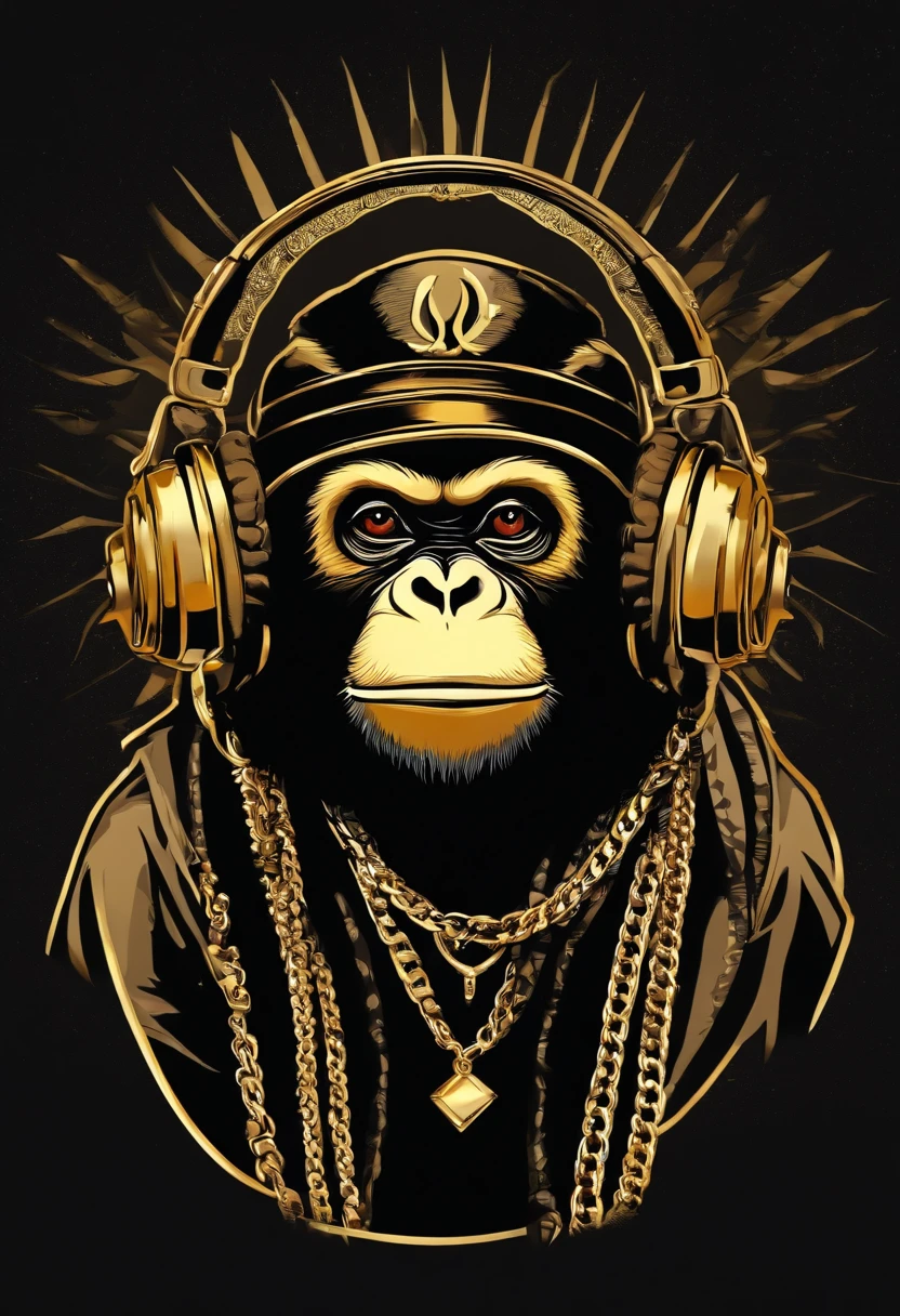 /imagine prompt: hiphop monkey illustration for a sticker with a black background, gold chain, in bold outline style, jagged edges,
