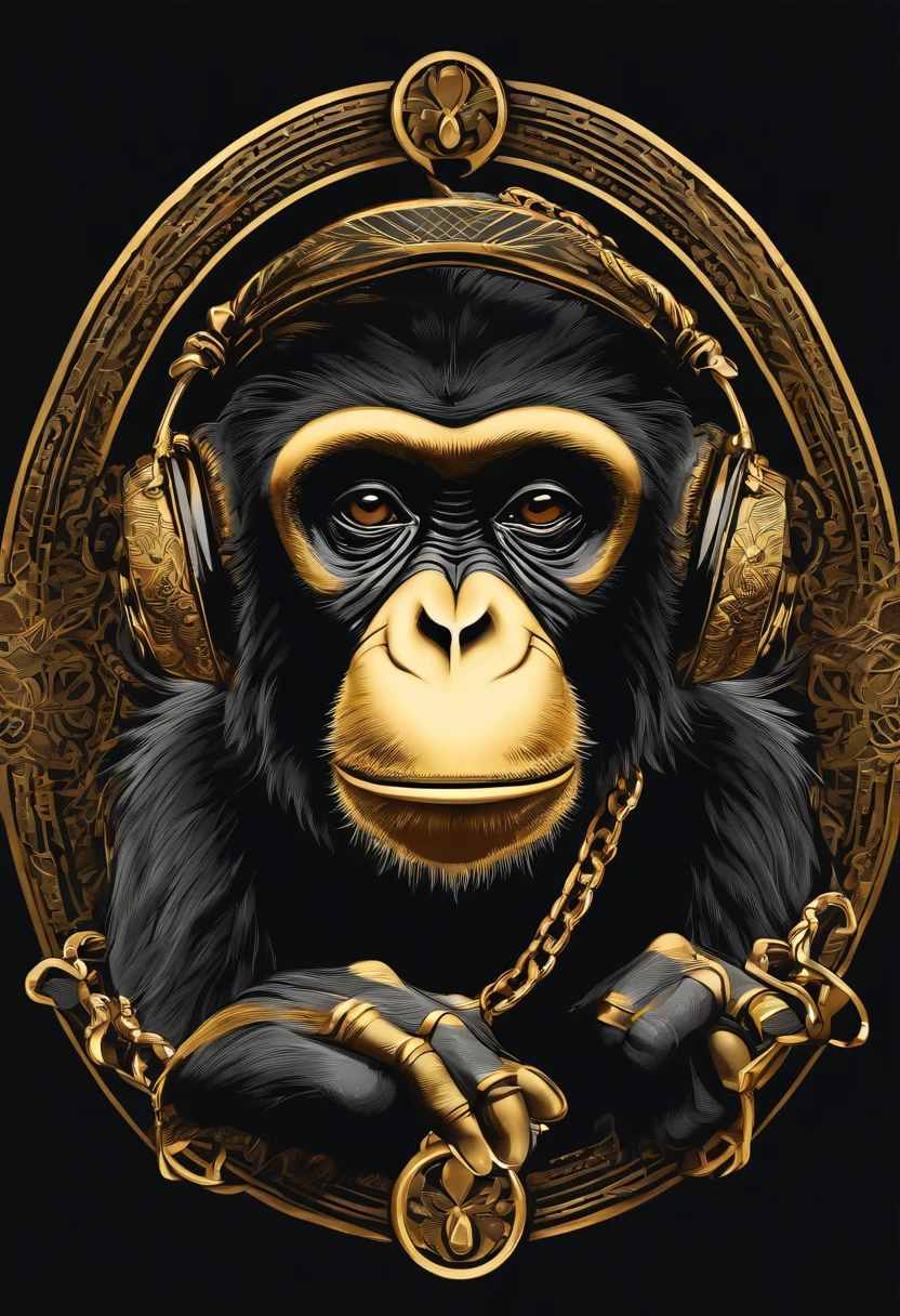/imagine prompt: hiphop monkey illustration for a sticker with a black background, gold chain, in bold outline style, jagged edges,