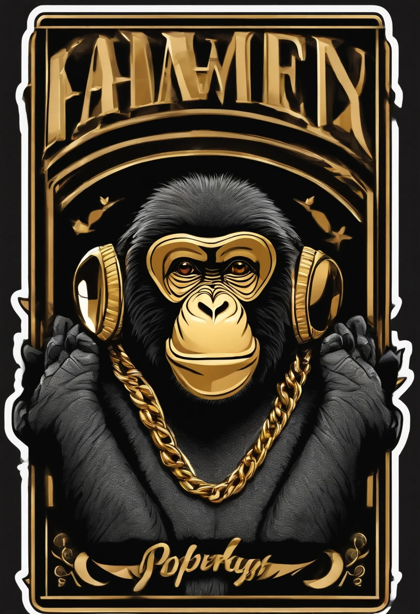 /imagine prompt: hiphop monkey illustration for a sticker with a black background, gold chain, in bold outline style, jagged edges,