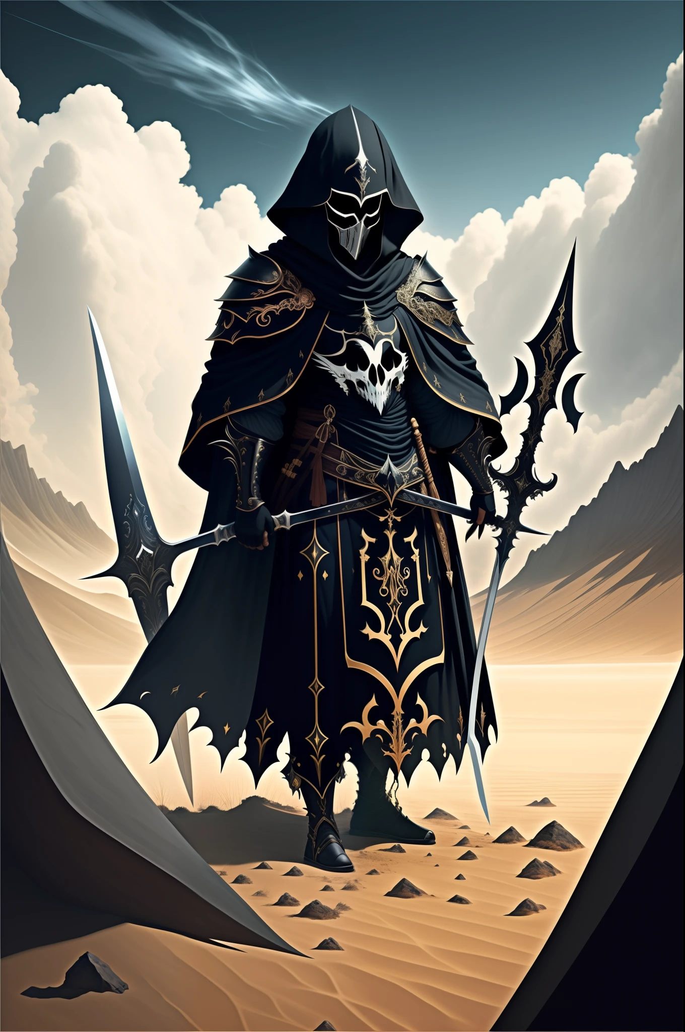 1boy, knight, death knight, armor, crosses, broken lines, full_moon, long_hair, moon, planted, planted_swords, silhouette, sky, solo, sun, torn_clothes, veil, weapon, spears, torn_clothes, many_details, (high resolution illustration), masterpiece