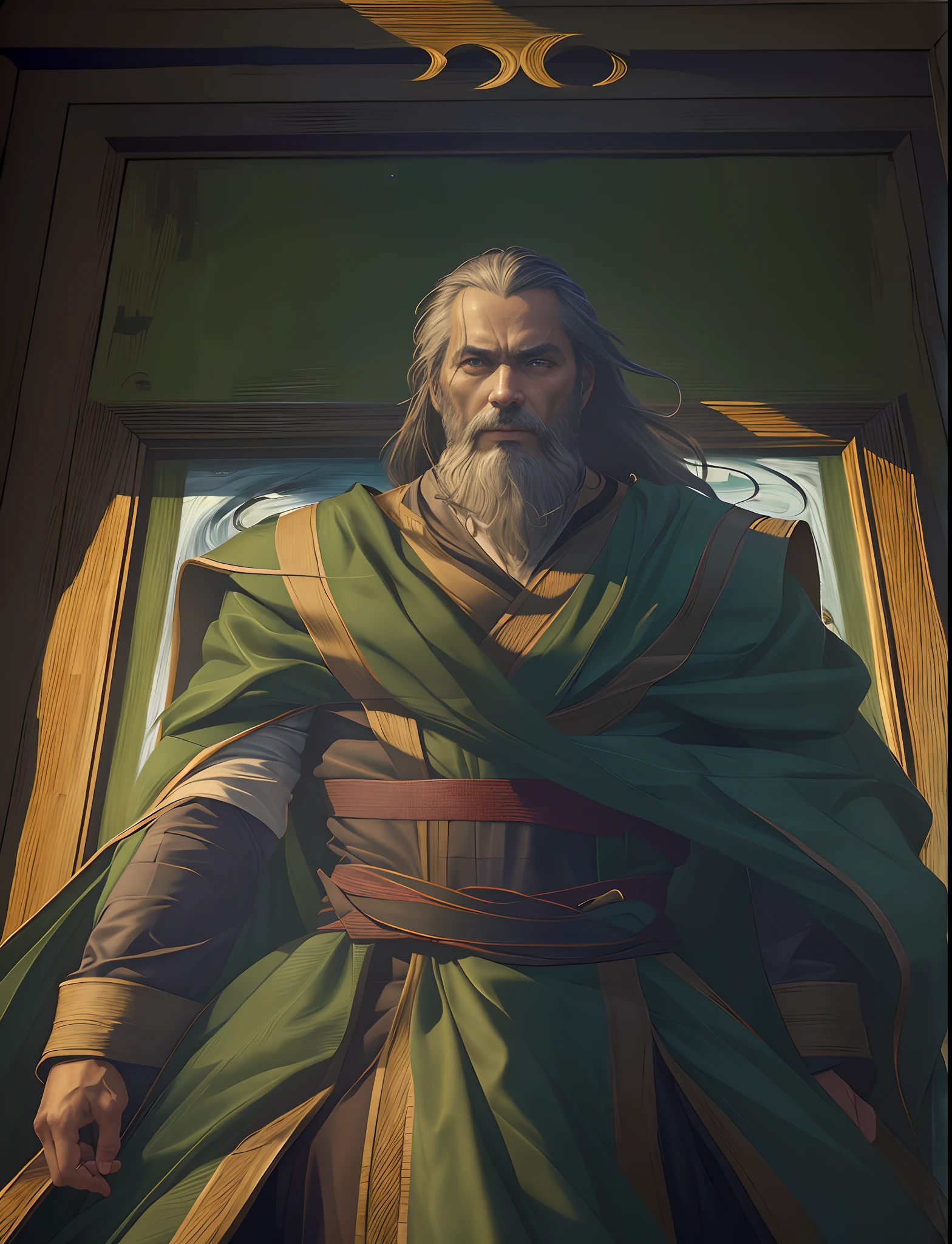 A middle-aged man, approximately 50 years old, dressed in a loose moss green robe stands before us, He has long hair and a beard, and his serene expression reveals wisdom, This character design is reminiscent of Chinese martial arts heroes in Japanese anime, with finely crafted character design and a mature artistic style, ((character concept art)), full body character drawing, high definition, best quality, ultra-detailed, extremely delicate, anatomically correct, symmetrical face, extremely detailed eyes and face, high quality eyes, RAW photo, UHD, 8k, professional lighting, soft lighting, (masterpiece:2)