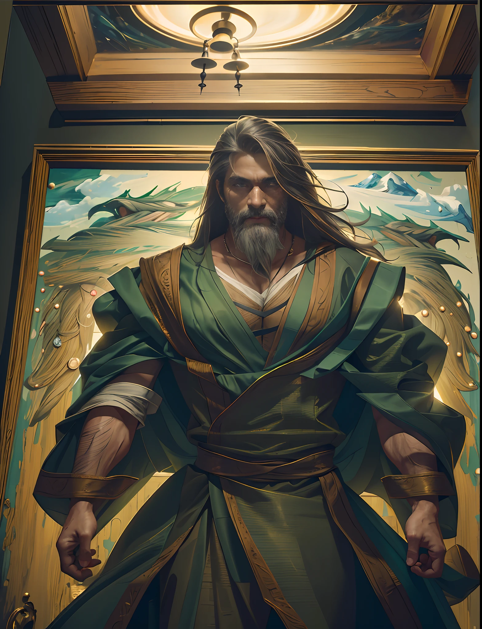 A middle-aged man, approximately 50 years old, dressed in a loose moss green robe stands before us, He has long hair and a beard, and his serene expression reveals wisdom, This character design is reminiscent of Chinese martial arts heroes in Japanese anime, with finely crafted character design and a mature artistic style, ((character concept art)), full body character drawing, high definition, best quality, ultra-detailed, extremely delicate, anatomically correct, symmetrical face, extremely detailed eyes and face, high quality eyes, RAW photo, UHD, 8k, professional lighting, soft lighting, (masterpiece:2)