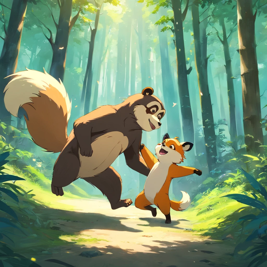 A monkey and a panda and a fox dance happily in the deep forest， pleasing, cheerful, stas，highly detailed digital painting