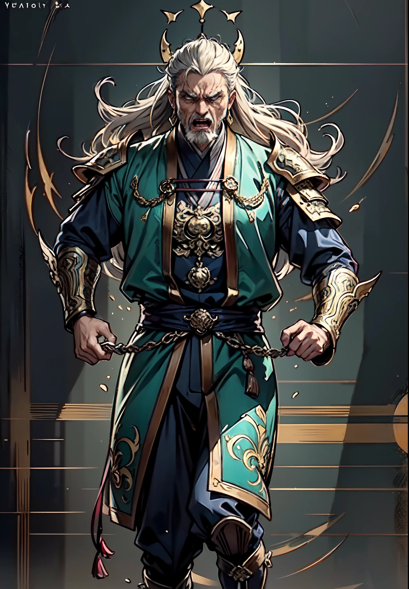 A middle-aged man with a powerful aura emanating from his entire body, his eyes wide open in anger, and his mouth roaring, He is dressed in a simple yet dignified blue-patterned cloth armor with a white base, This character design is reminiscent of Chinese martial arts heroes in Japanese anime, with finely crafted character design and a mature artistic style, ((character concept art)), full body character drawing, high definition, best quality, highres, ultra-detailed, ultra-fine painting, extremely delicate, professional, anatomically correct, symmetrical face, extremely detailed eyes and face, high quality eyes, creativity, RAW photo, UHD, 8k, Natural light, cinematic lighting, masterpiece:1.5