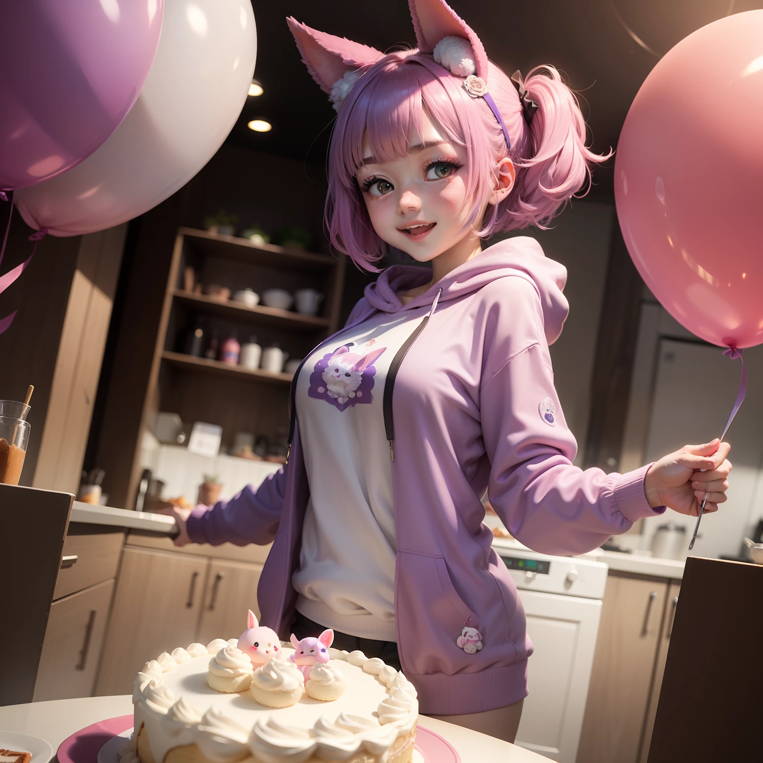 4K、Raw photography、top-quality、masterpiece:1.2), 2D anime, wide-angle, Beautiful girl is overjoyed with a huge white birthday cake、Beautiful girl with a cute smile with purple medium bob and black rabbit ears、Oversized pink hoodie