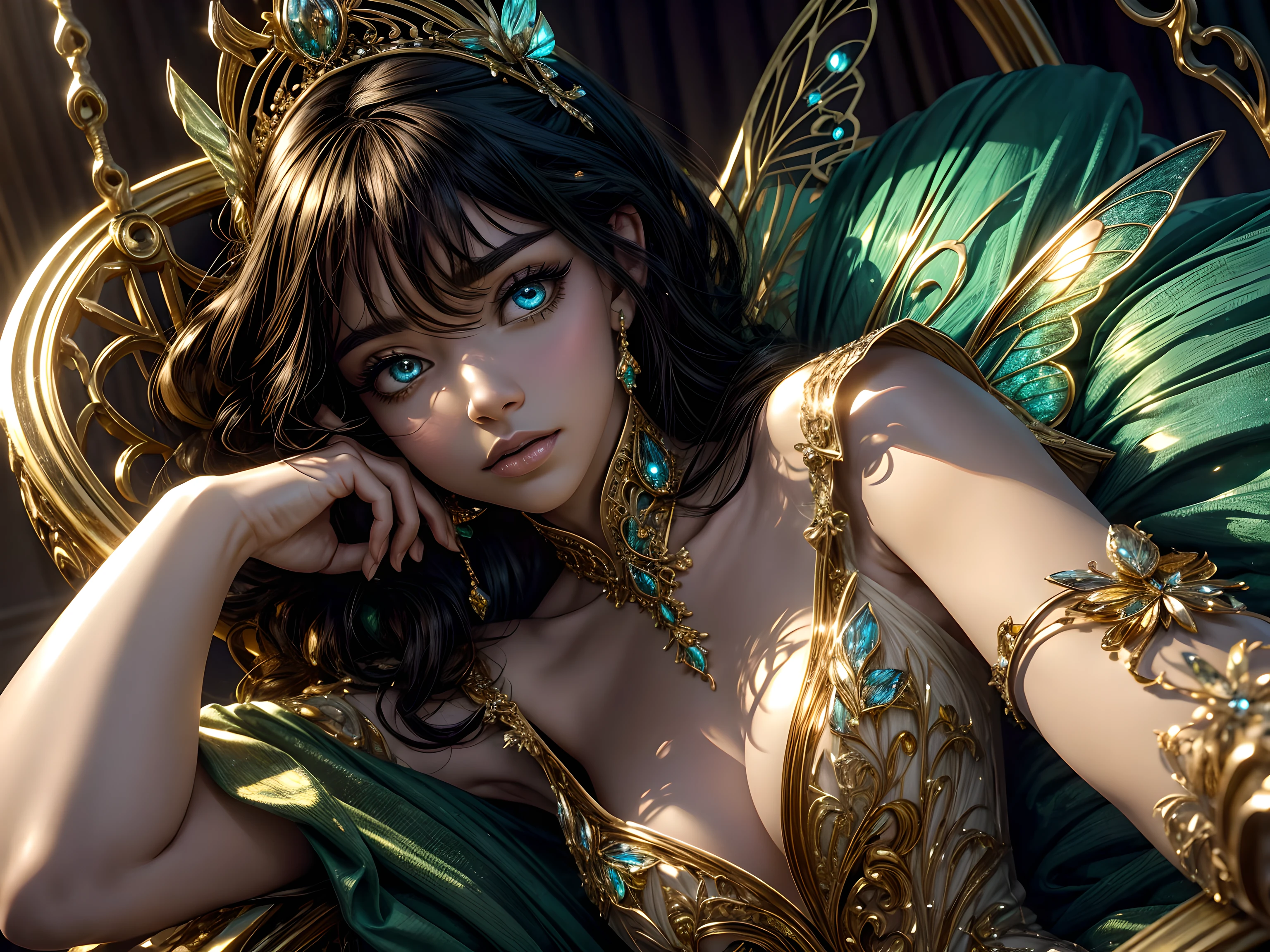 This is an elegant and ornate fantasy masterpiece with a lot of shimmer, glitter, and intricate ornate detail. Generate a petite Jamaican woman resting on a gilded and flowered garden swing at night. Her eyes are ultra-detailed with intricate realistic shading and bold, bright hues. She is a beautiful and seductive butterfly queen with stunning curly black hair, (((incredibly realistic and detailed dynamic eyes in bright colors with realistic shading))). She wears a delicate and elegant crown and a gown spun from luxurious gossamer silk and satin with subtle, intricate, and hand-embroidered bodice detailing as well as subtle floral detailing and gold silk butterfly sleeves. Her face is lovely and lonely. Include glow-in-the-dark flowers, lots of particles, highly realistic fantasy butterflies with translucent jewel-toned wings and fine detailing, and glow. The artwork is done in the style of Guviz and brings to mind masters in the genre such as trending fantasy works on Artstation and Midjourney. Camera: Utilize dynamic composition techniques to emphasize etherealness and delicate detail. The colors in this artwork are saturated, romantic, and rich.